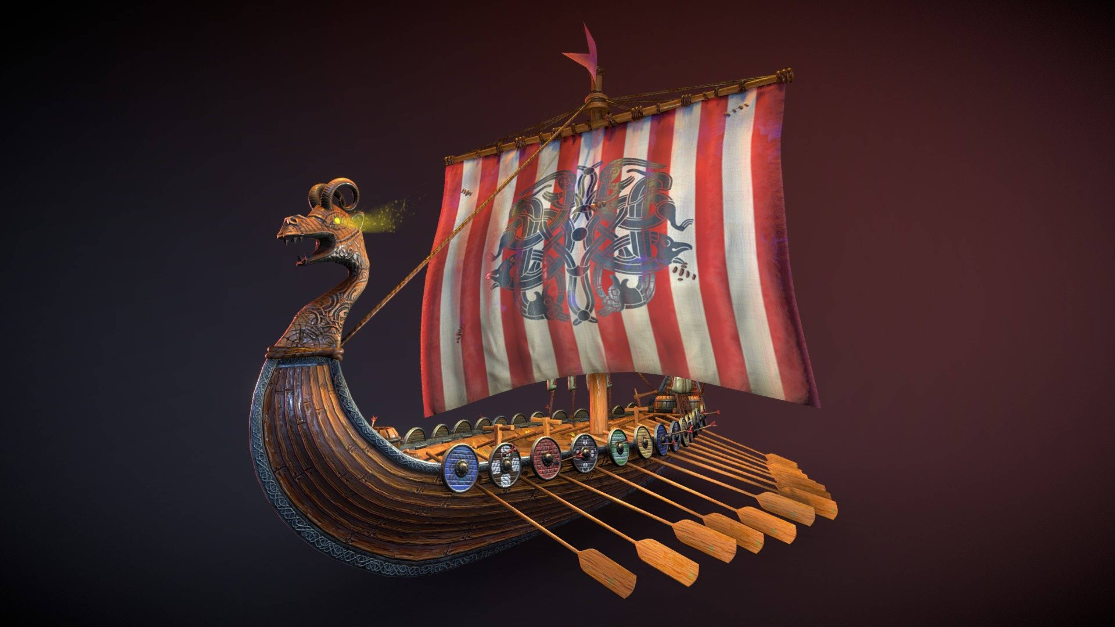 Viking Ship 桌布 壁紙 — 詳細的3D渲染維京長船，帶有龍頭船首和紅白條紋帆，飾有部落圖案。