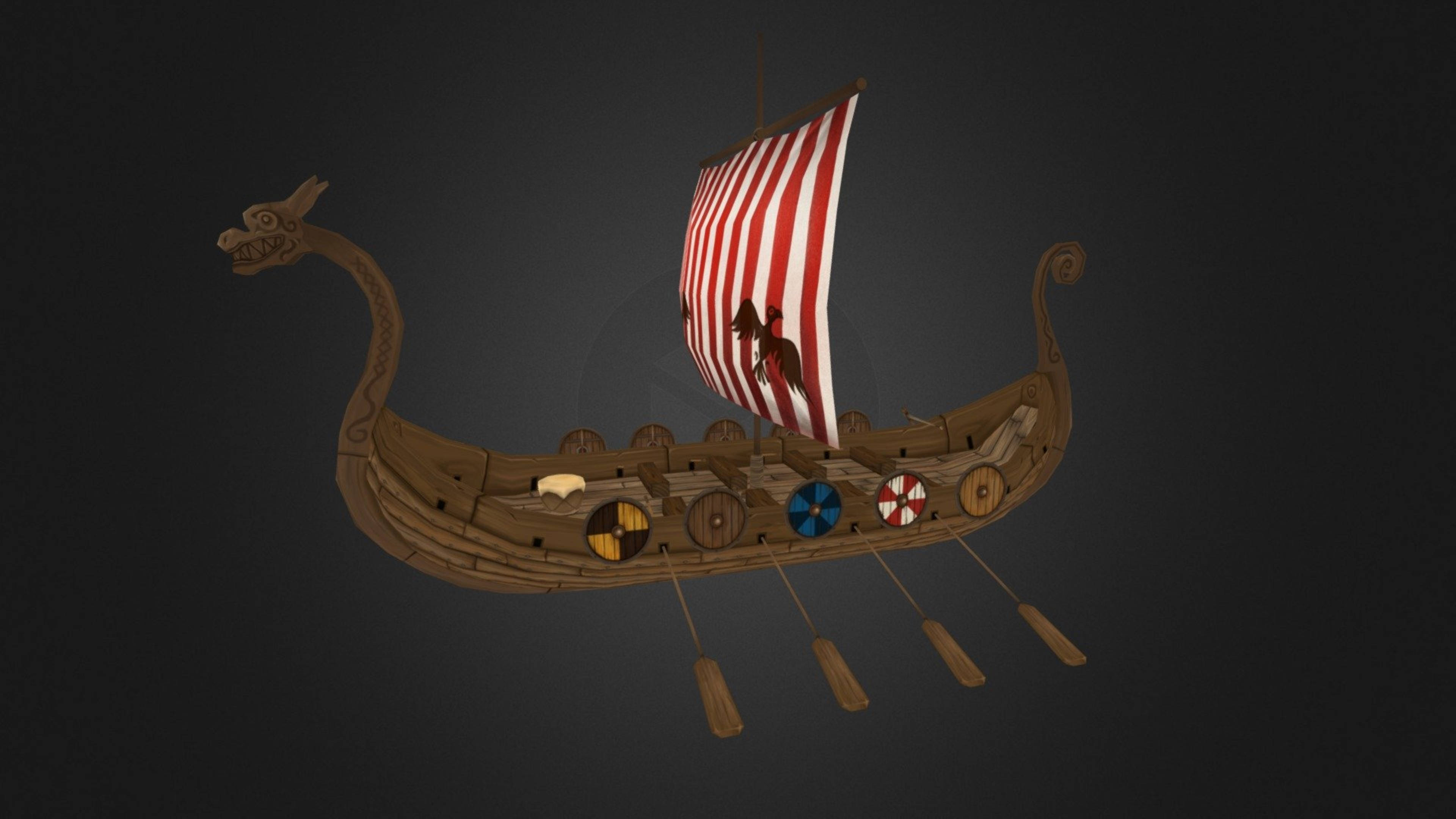 Viking Ship 桌布 壁紙 — 詳細的3D渲染維京長船，帶有龍頭帆和彩色盾牌，背景為深灰色。
