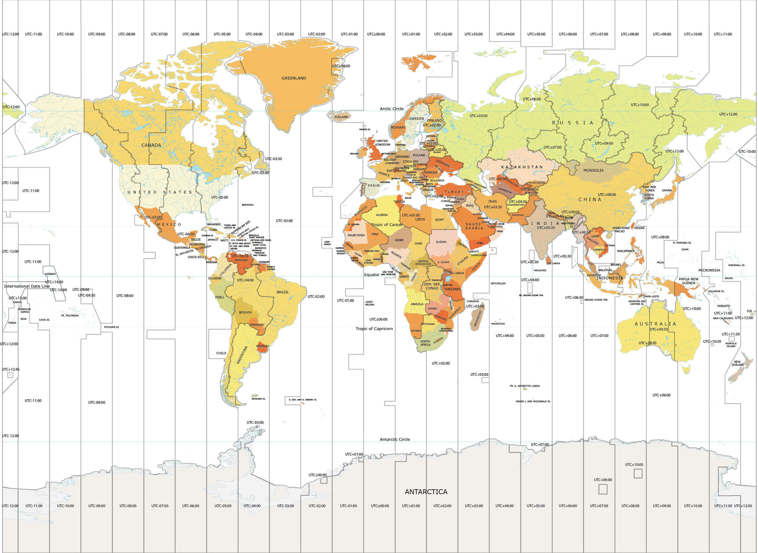World 桌布 壁紙 — 詳細的世界地圖，國家按時區著色並標有 UTC 偏移量。