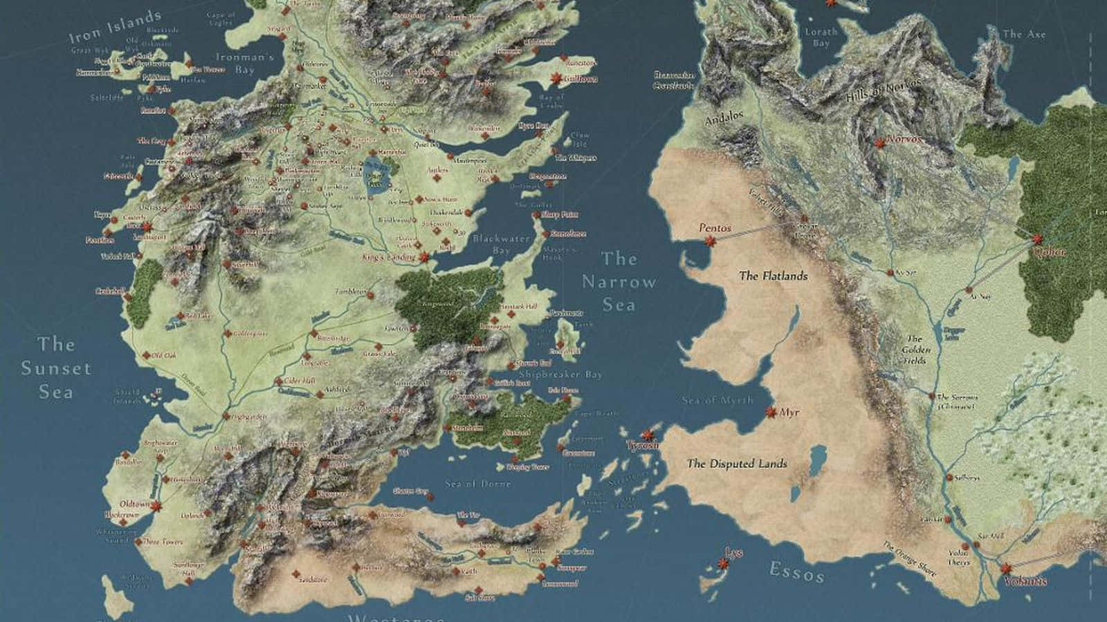 Map 桌布 壁紙 — 詳細的奇幻地圖，顯示大陸、海洋和帶有紅色標記和地形陰影的標籤區域。