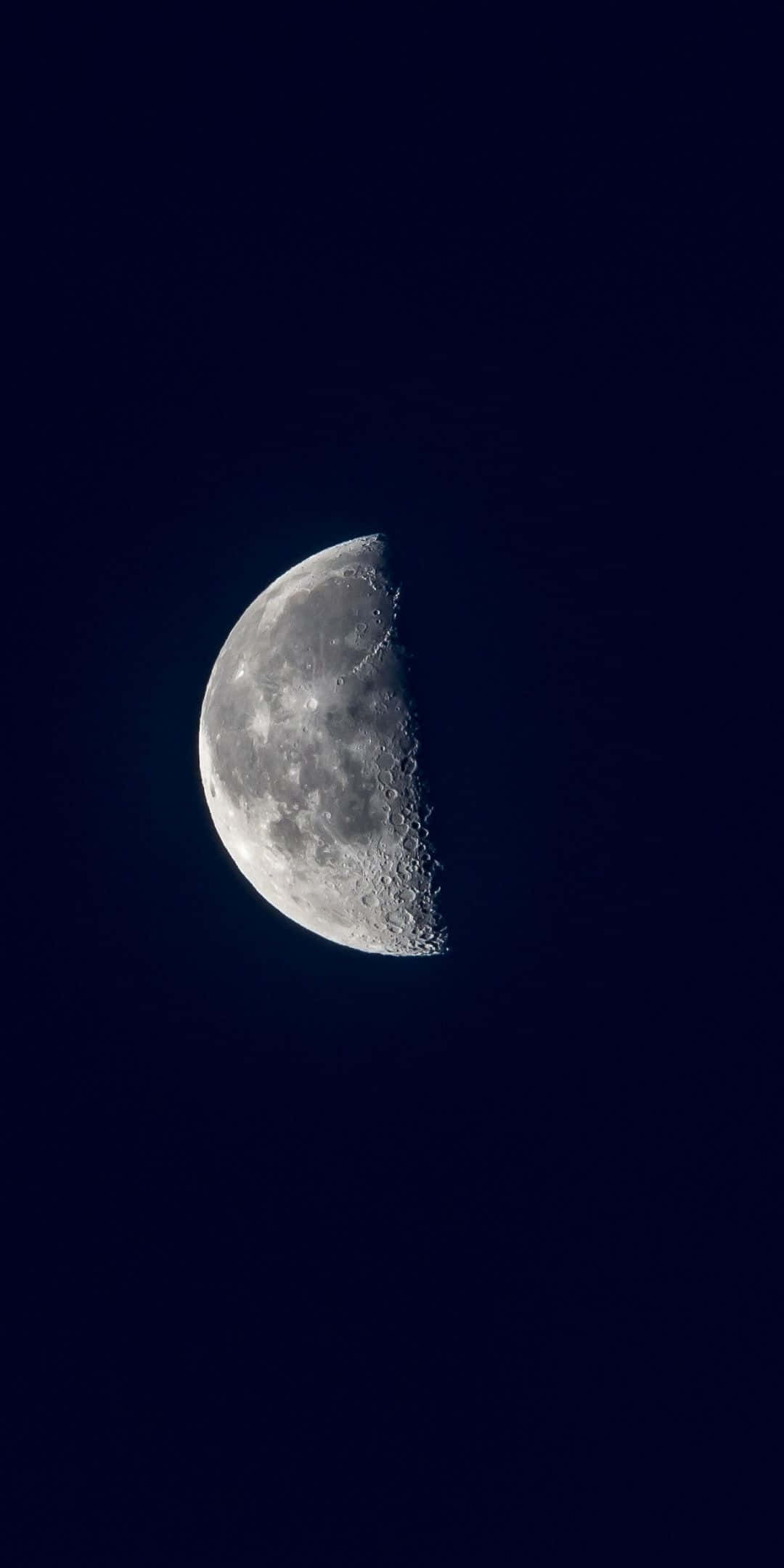Half Moon 桌布 壁紙 — 詳細的彎月在深藍色夜空下發光，可見隕石坑和明暗界線。