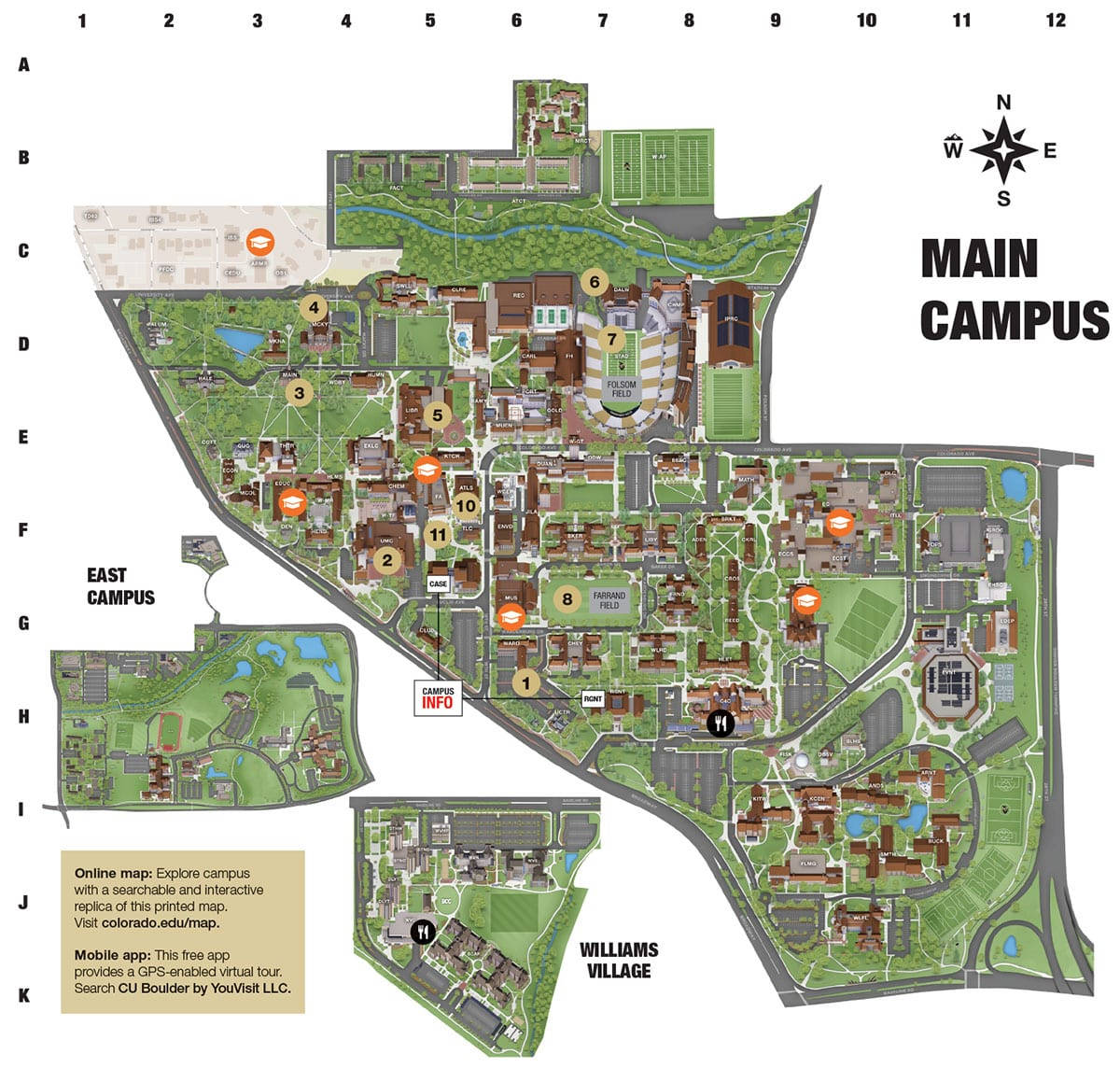 Map 桌布 壁紙 — 詳細的插圖校園地圖，顯示主要東區和威廉姆斯村區域，並標有建築物和綠地。