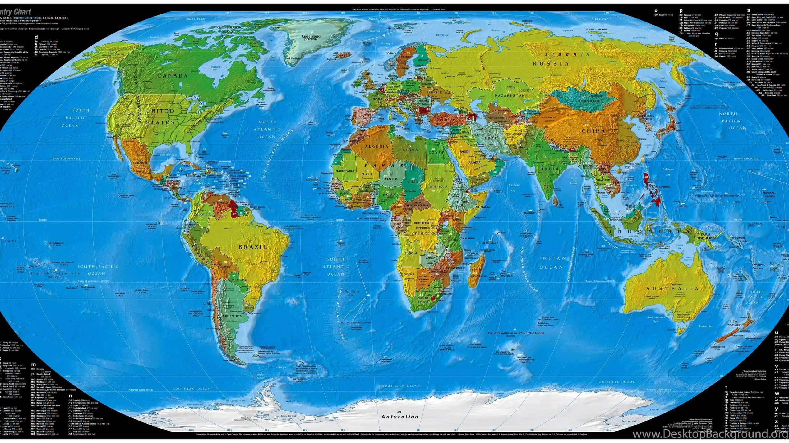 Map 桌布 壁紙 — 詳細的政治世界地圖，各大洲以不同顏色顯示，海洋為藍色，顯示國家邊界和名稱。