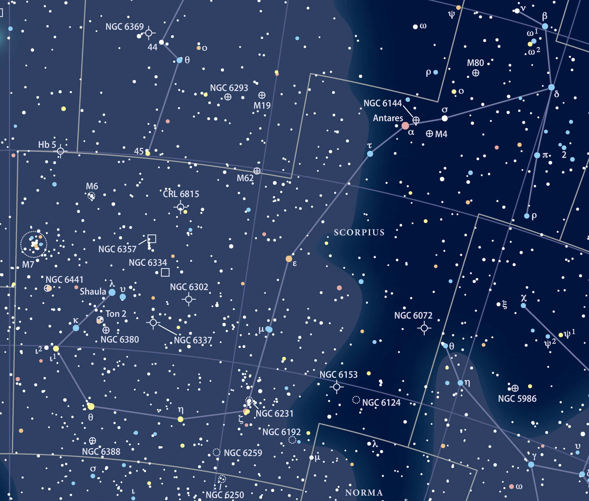 Constellations 桌布 壁紙 — 詳細的星圖，突出天蠍座星座，並在深藍色宇宙背景上標註了天體。