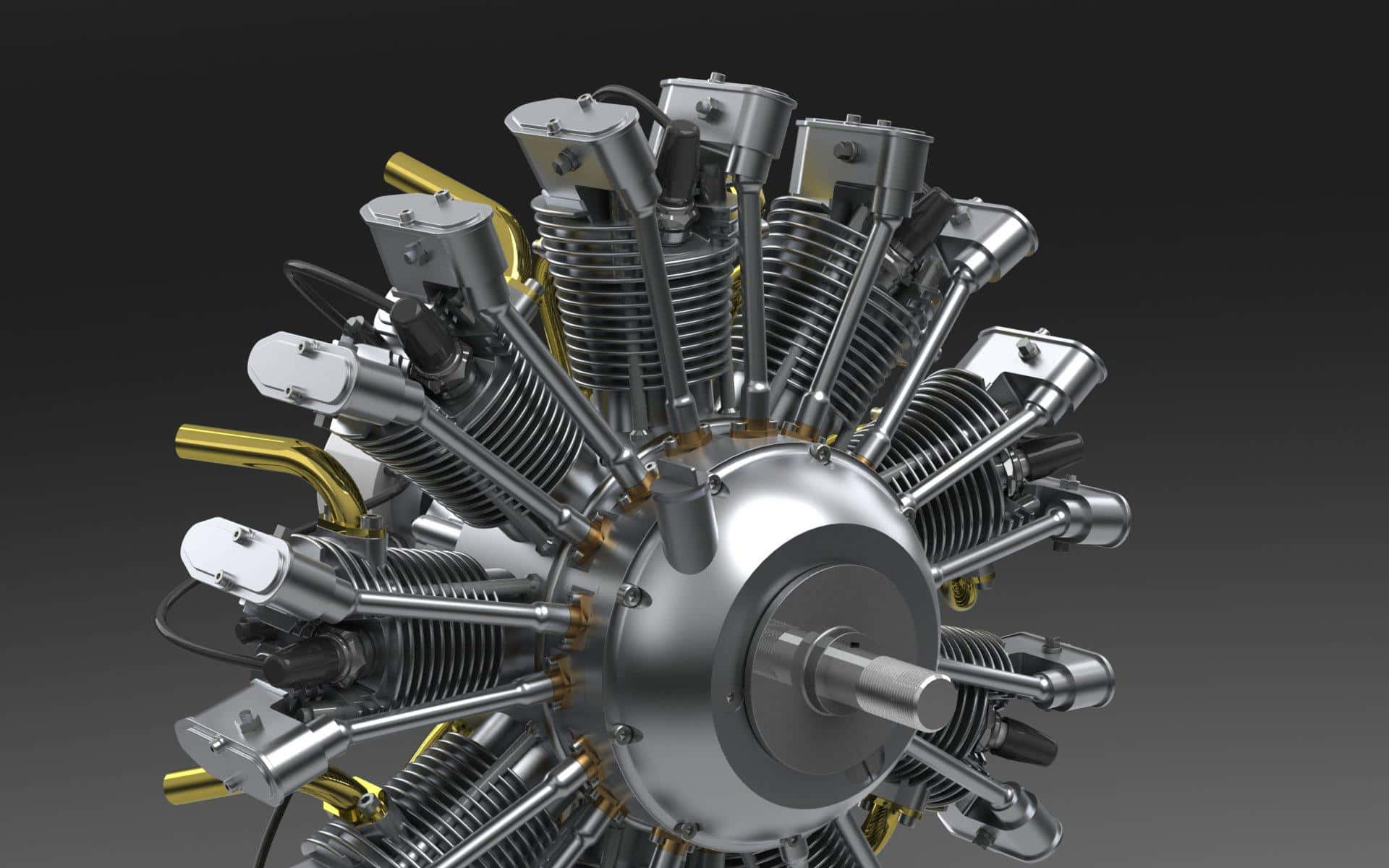 Jet Engine 桌布 壁紙 — 詳細的星形飛機引擎，帶有銀色汽缸和金色點綴，背景為深色漸變。