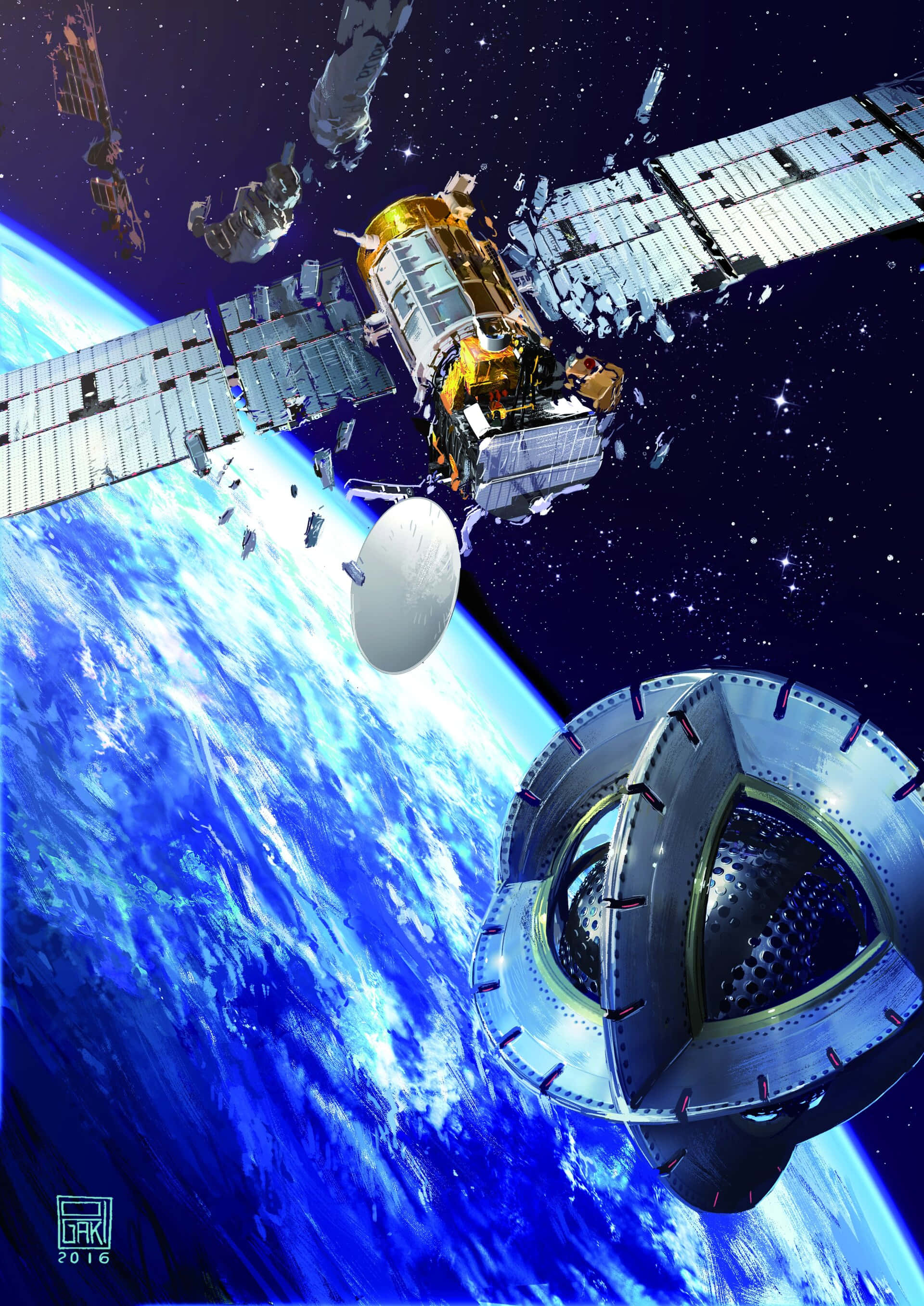 Space Satellite 桌布 壁紙 — 詳細的衛星和太空站環繞地球運行，背景是繁星點點的黑色天空，襯托出充滿活力的藍色海洋和白色雲層。
