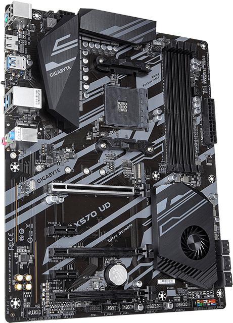 主機板 桌布 壁紙 — 詳細的黑色和灰色Gigabyte X570 UD主機板，帶有散熱鰭片和組件標籤。
