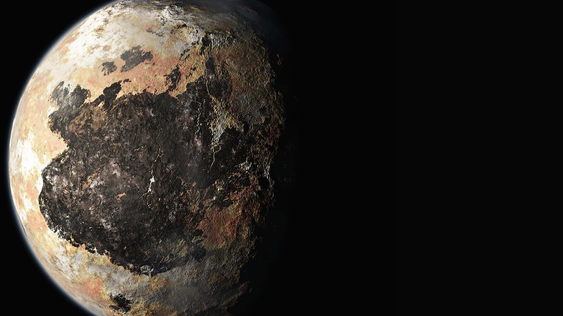 pluto 桌布 壁紙 — 詳細觀察冥王星崎嶇的表面，有深色心形區域和冰原，背景是黑色的太空虛空。