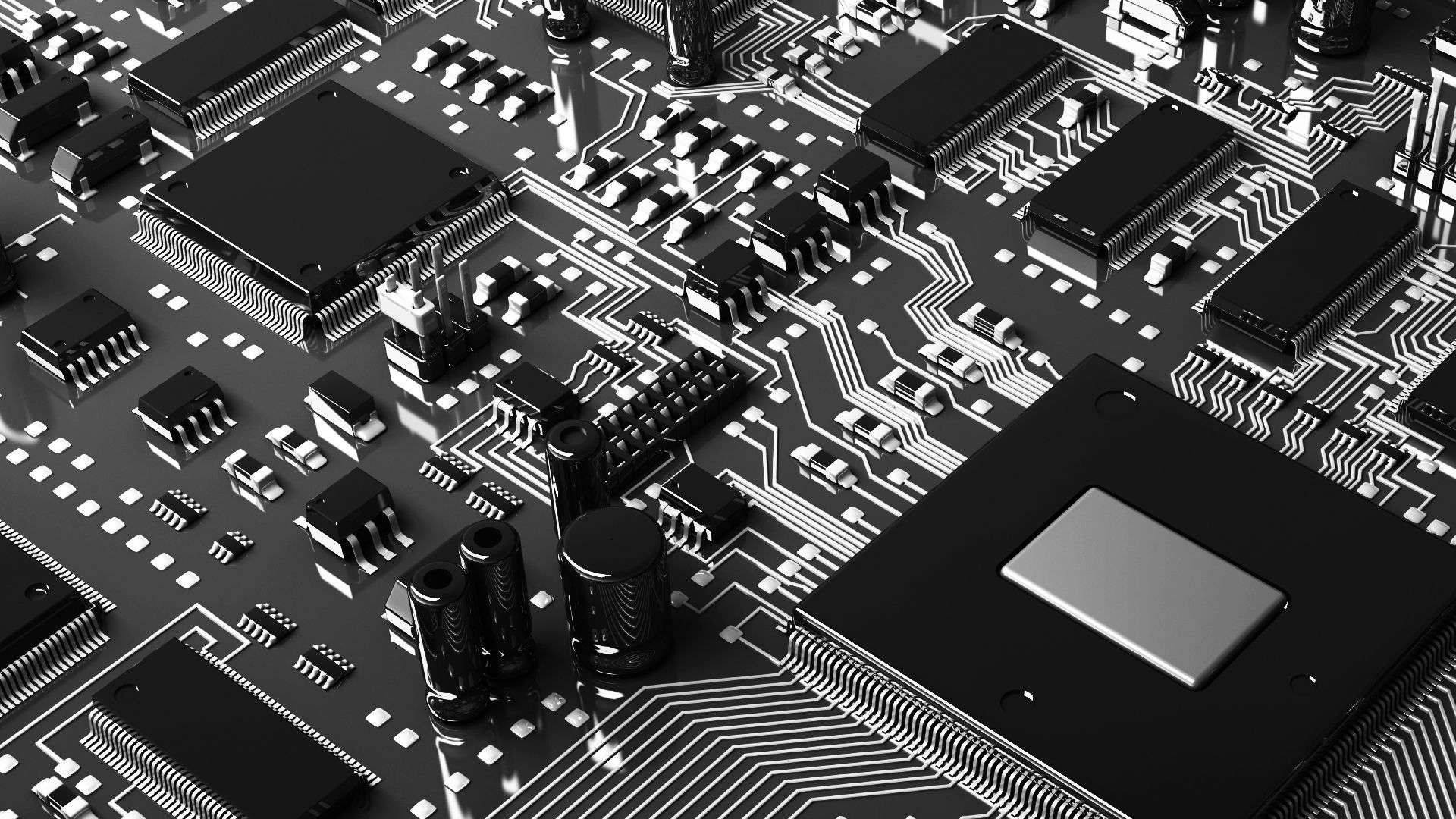 Circuit 桌布 壁紙 — 詳細黑白電路板的特寫，帶有複雜的銀色路徑和電子元件。