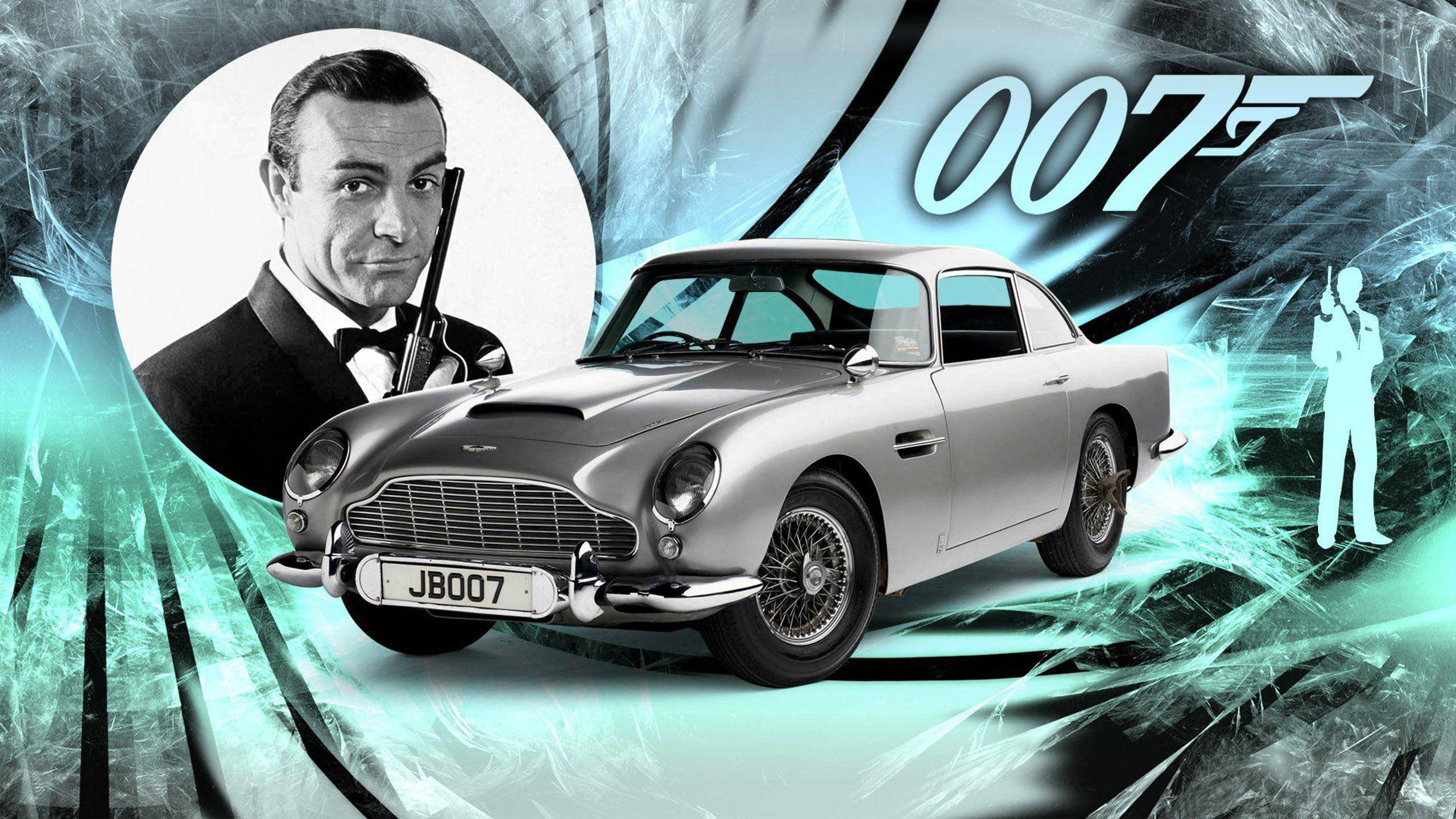 Sean Connery 桌布 壁紙 — 詹姆士·龐德007的銀色奧斯頓馬丁DB5，史恩·康納萊手持手槍，置於青綠色抽象背景上，附有007標誌和間諜剪影。