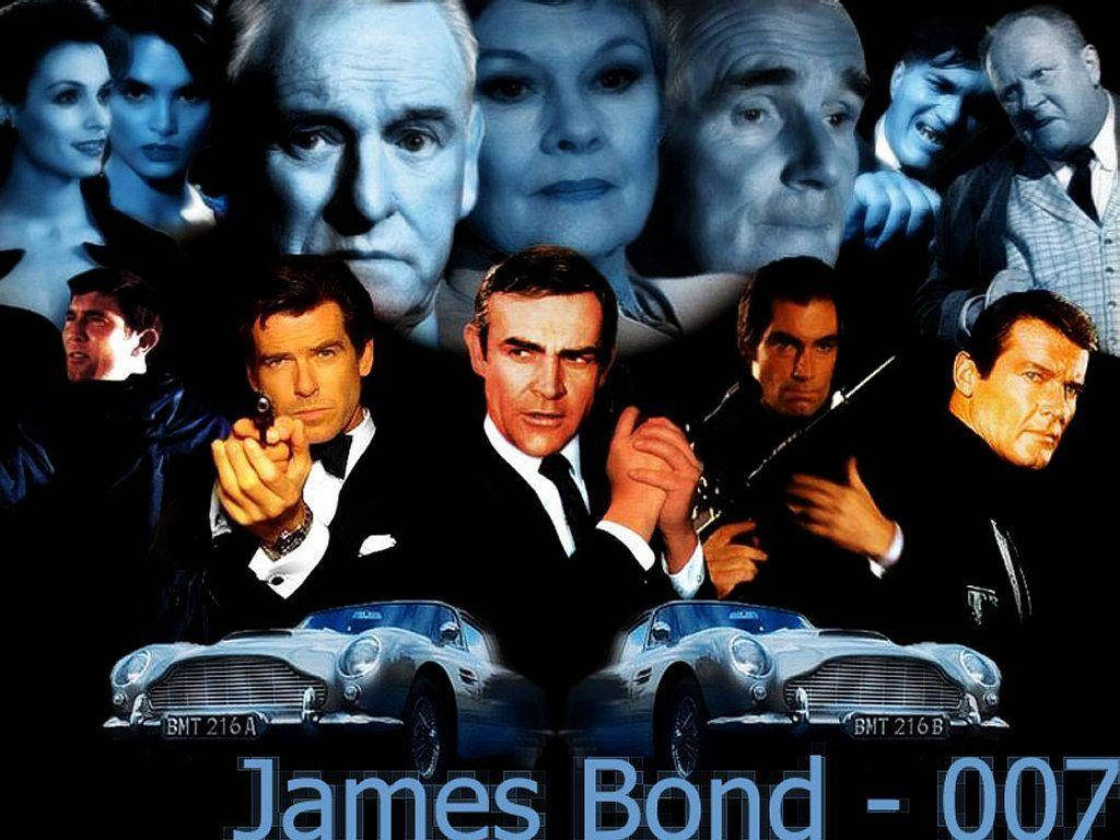 Bond 桌布 壁紙 — 詹姆士·龐德演員與標誌性Aston Martin DB5汽車的拼貼畫，採用冷藍色調，帶有「James Bond - 007」文字。