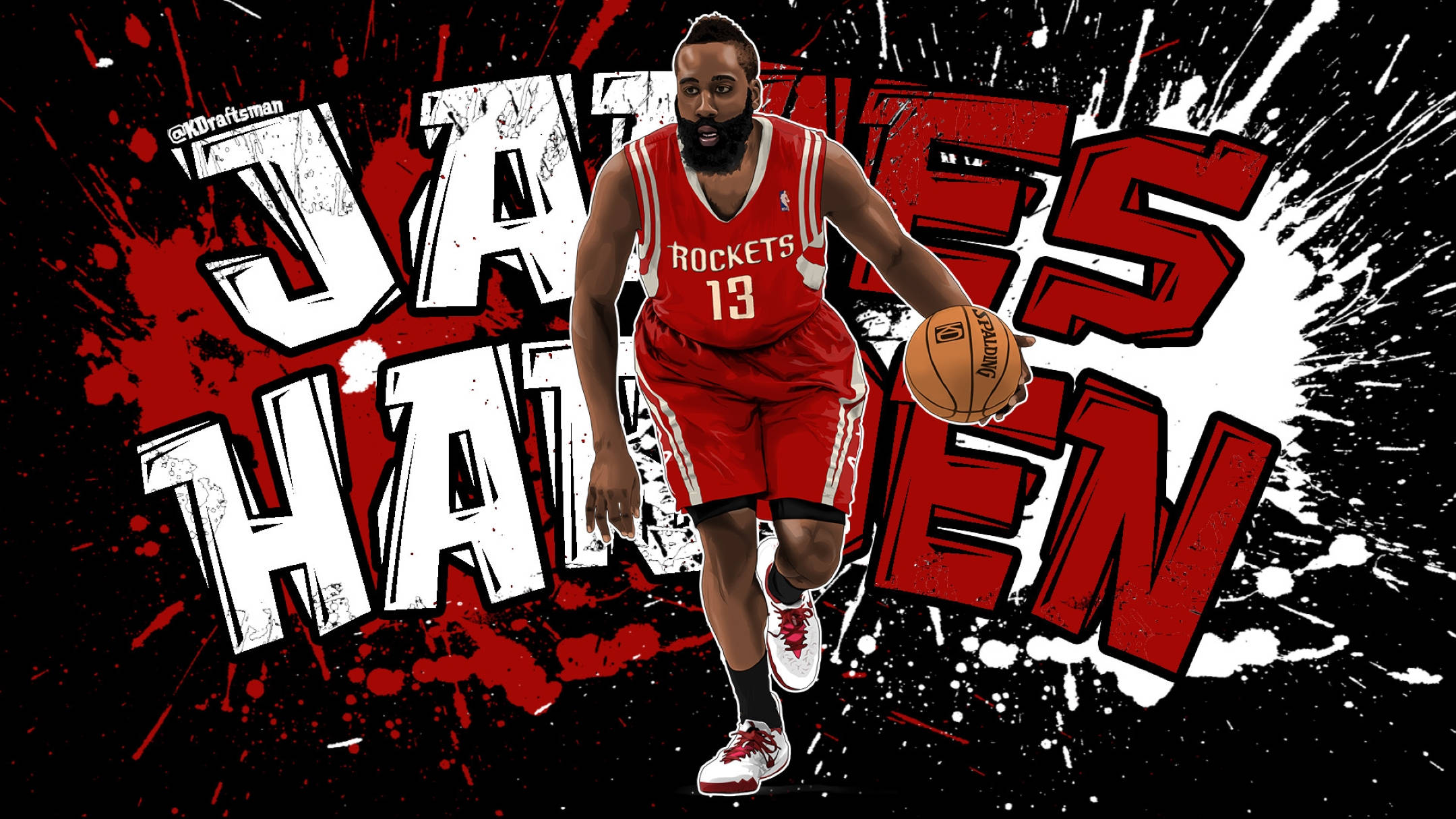 Houston Rockets 桌布 壁紙 — 詹姆斯·哈登身穿紅色火箭隊球衣，在鮮明的紅、白、黑潑濺背景前運球。