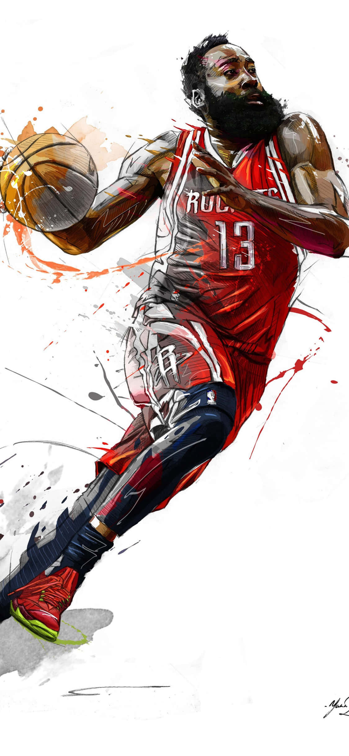 iPhone Xs Basketball 桌布 壁紙 — 詹姆斯·哈登運球的動態水彩插圖，帶有醒目的紅橙色和灰色潑濺效果。