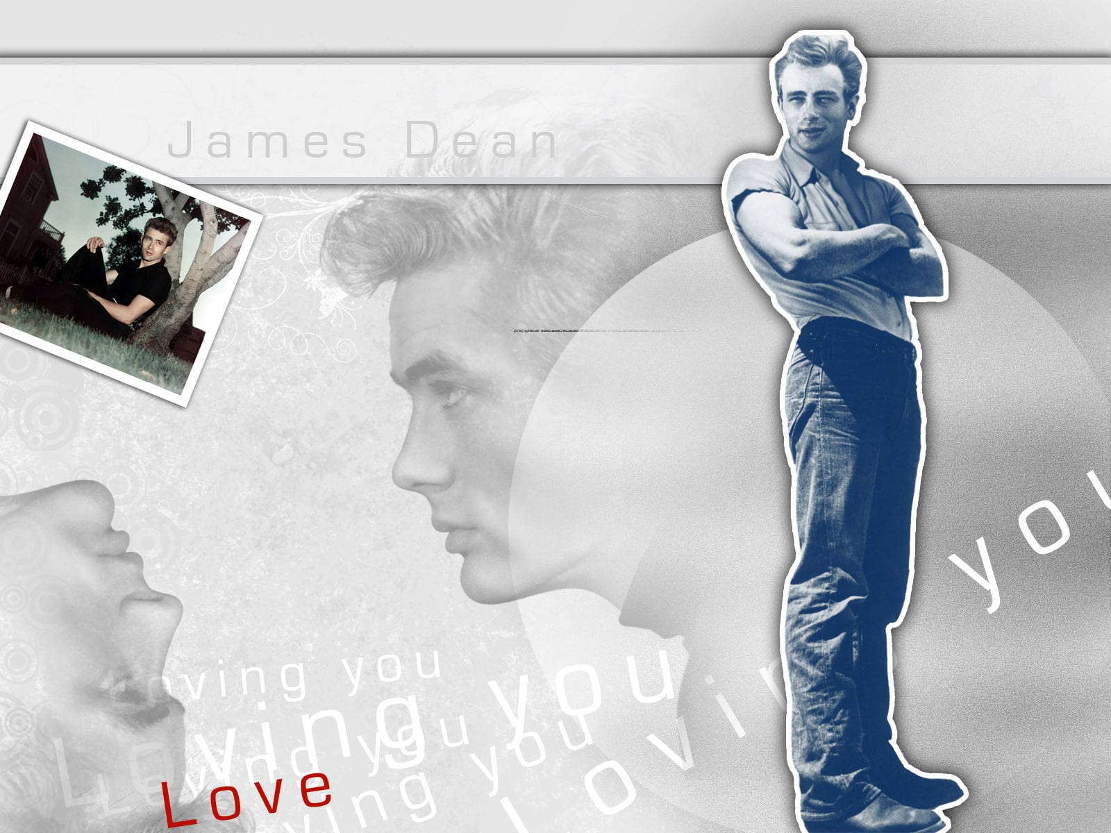 dean 桌布 壁紙 — 詹姆斯·狄恩的黑白拼貼畫，帶有紅色「Love」文字疊加和重複的「loving you」短語。