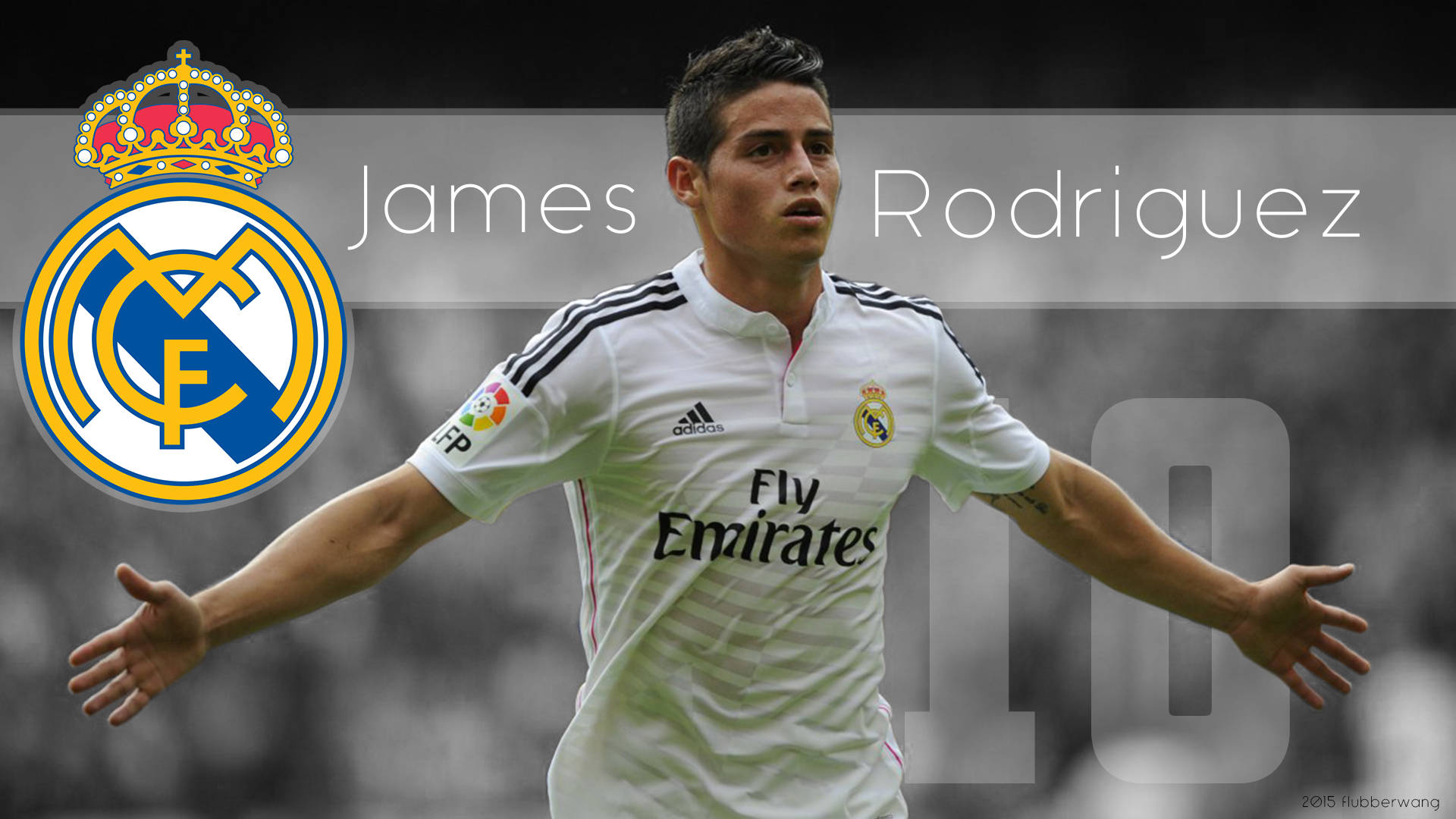 James Rodriguez 桌布 壁紙 — 詹姆斯·羅德里格斯身穿白色皇家馬德里球衣，在模糊的球場背景下張開雙臂慶祝。