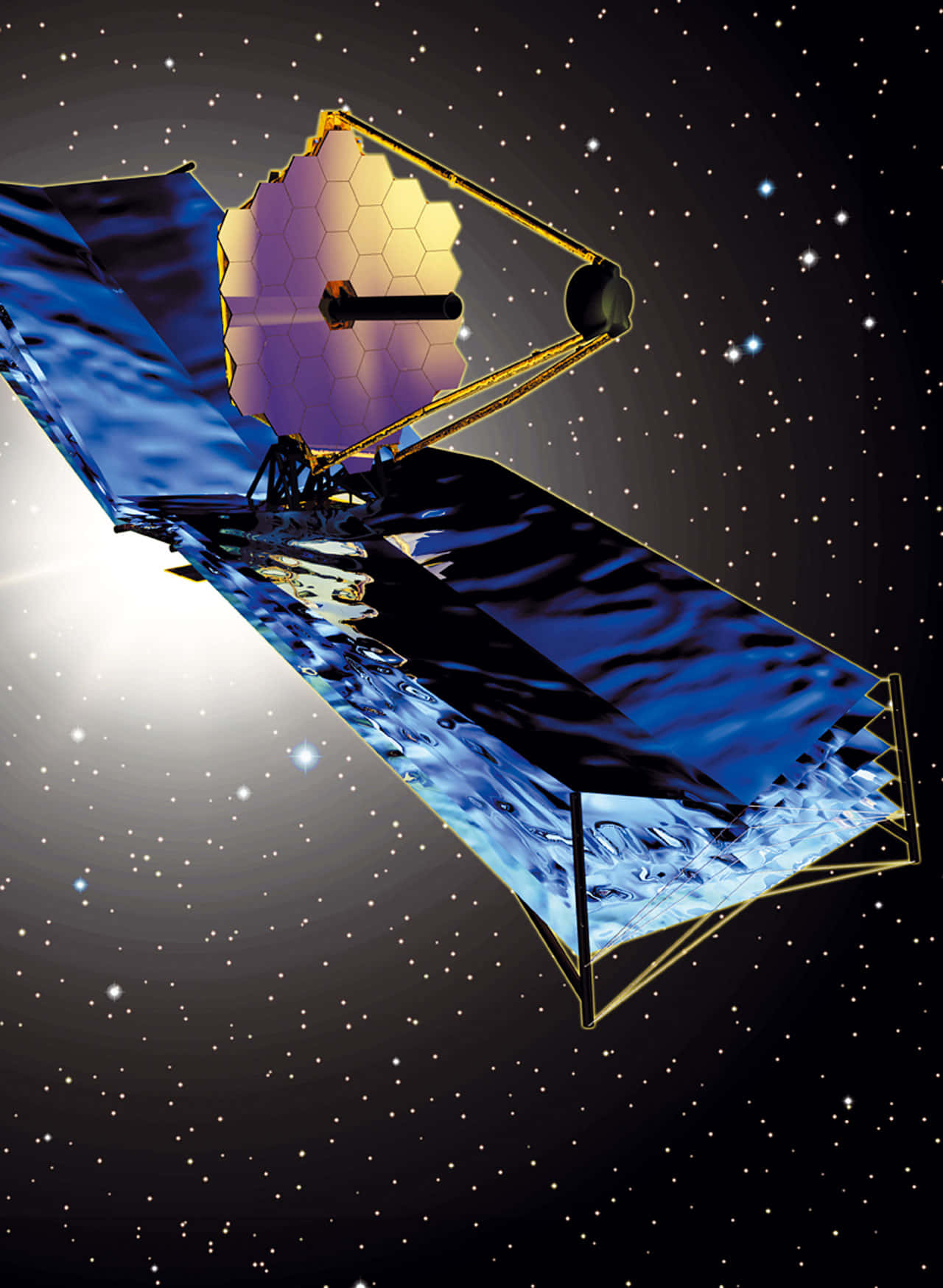 Telescope 桌布 壁紙 — 詹姆斯·韋伯太空望遠鏡在佈滿星星的太空中漂浮的詳細數位渲染圖，帶有金色六角形鏡面和藍色太陽能板。