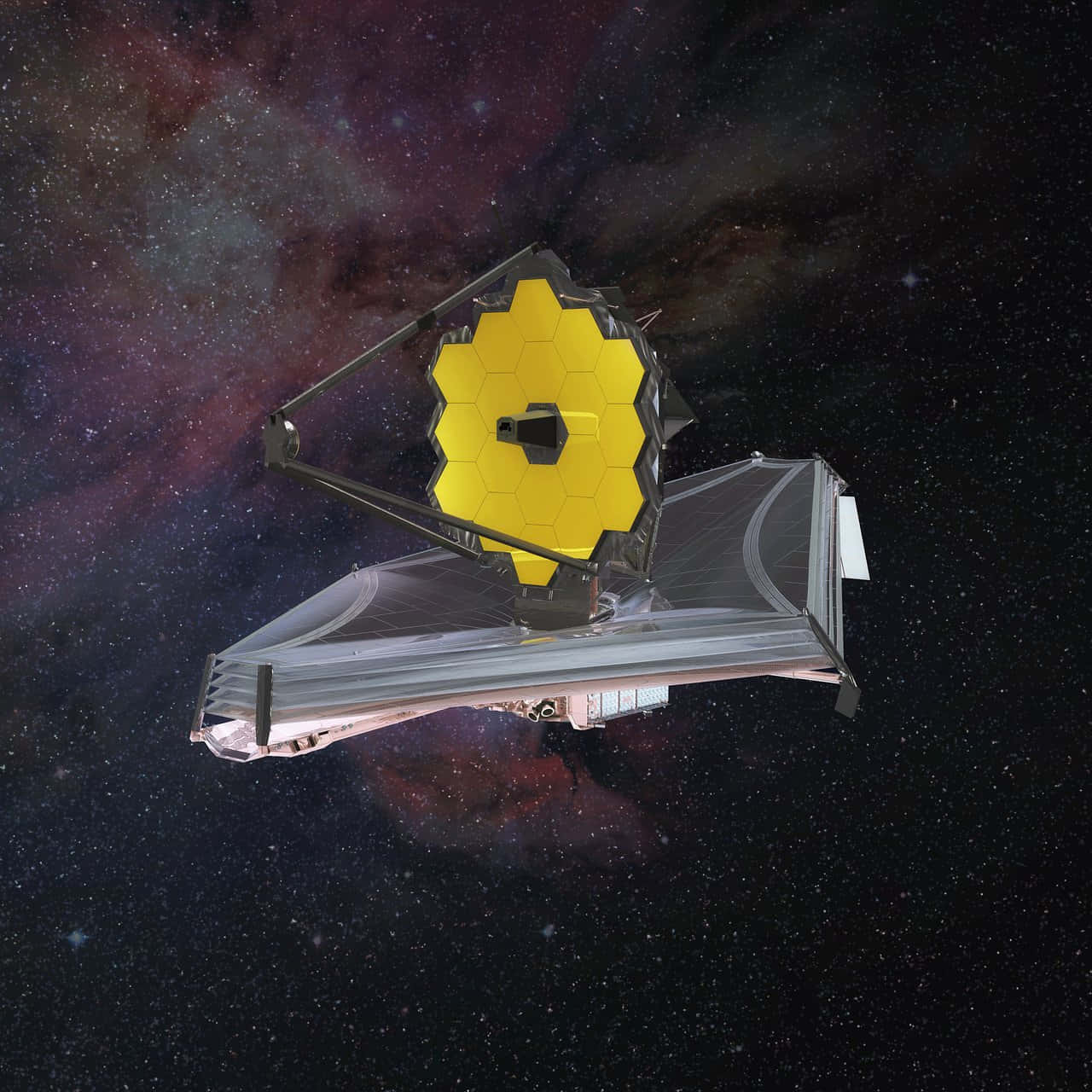 Telescope 桌布 壁紙 — 詹姆斯·韋伯太空望遠鏡在充滿恆星和星雲的鮮豔宇宙背景下漂浮。