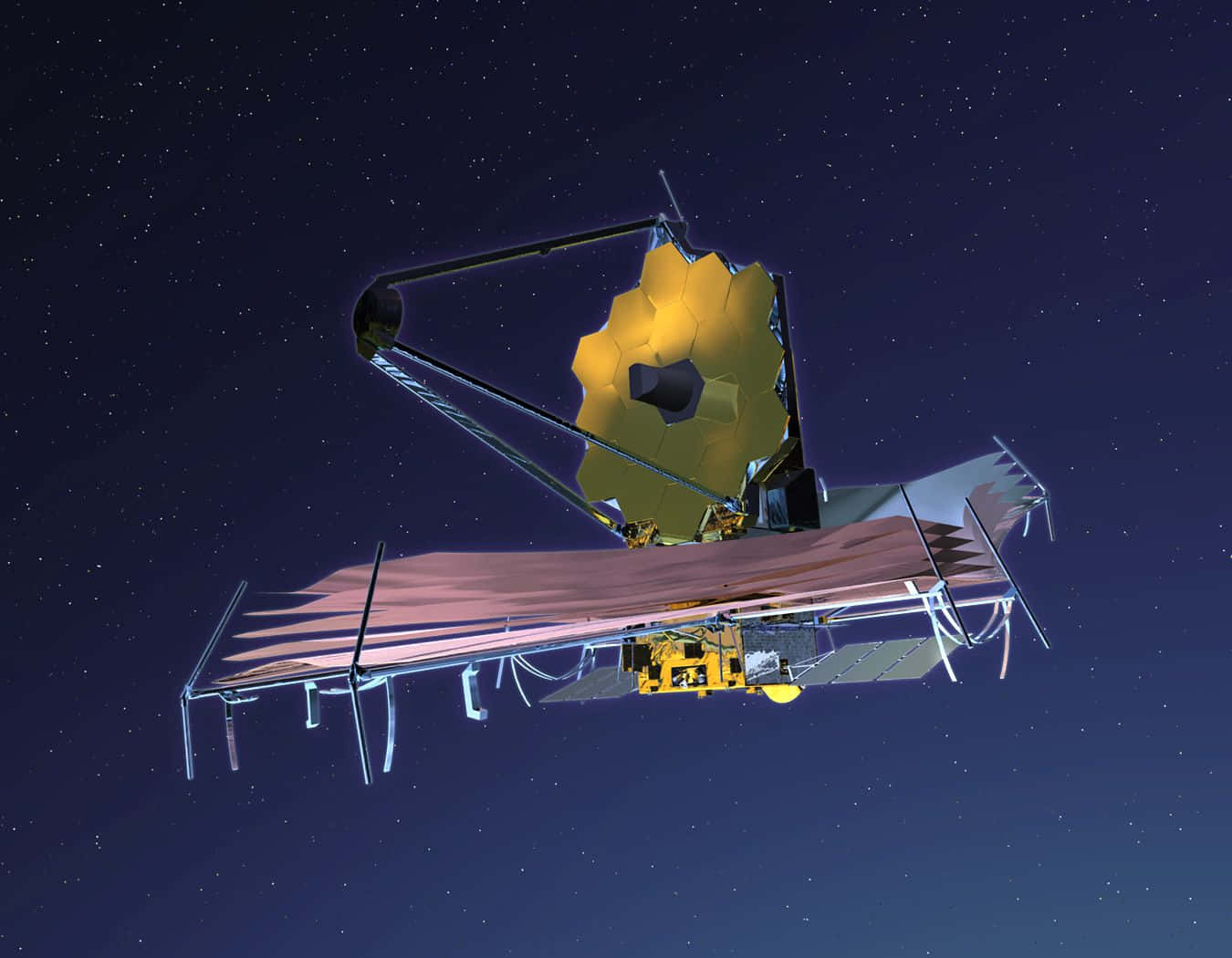 Telescope 桌布 壁紙 — 詹姆斯·韋伯太空望遠鏡在星空背景下平靜地漂浮，金色的六角形鏡面和太陽能板展開。