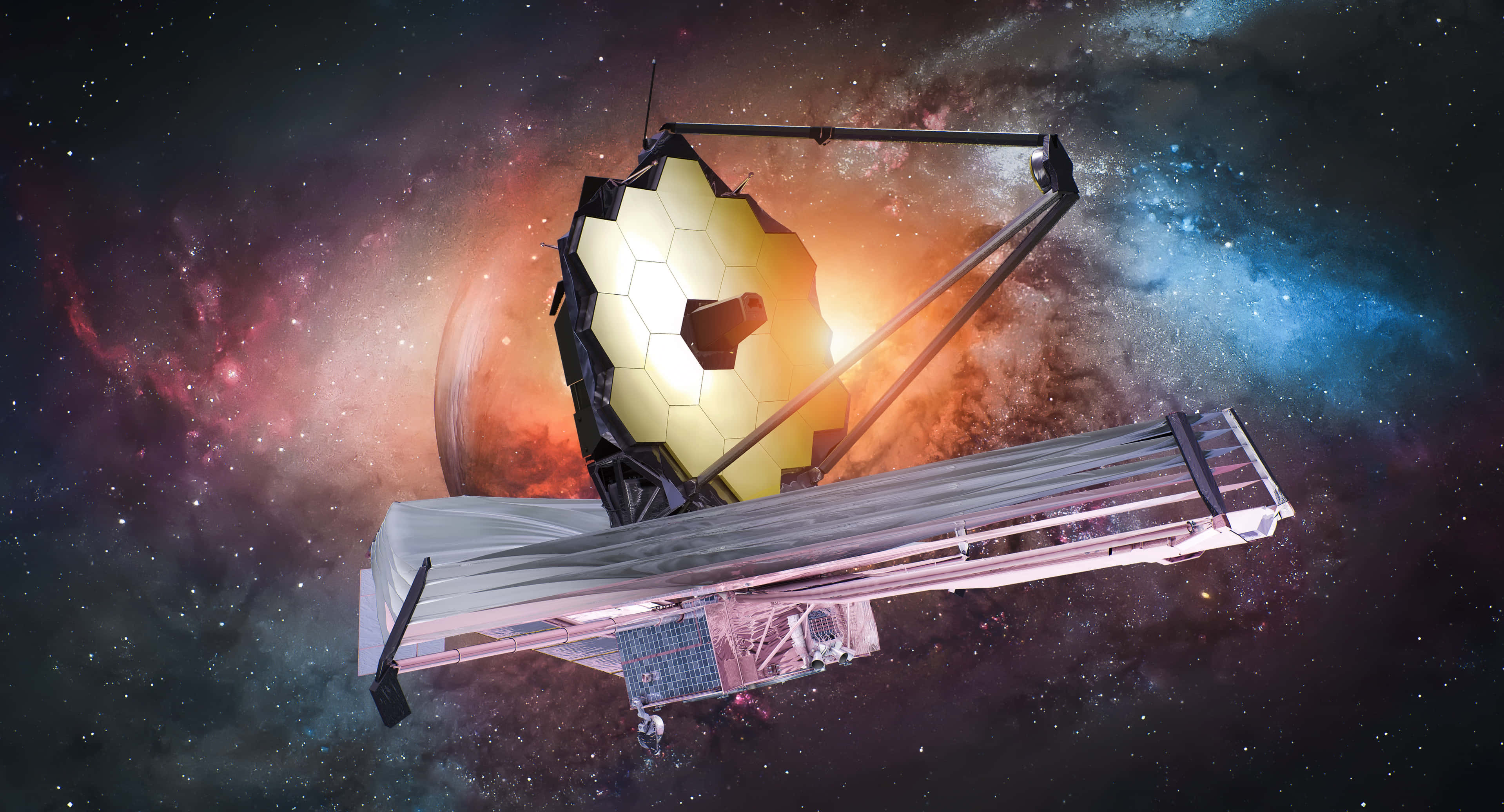 太空 桌布 壁紙 — 詹姆斯·韋伯太空望遠鏡在星雲和恆星的鮮豔宇宙背景下漂浮。