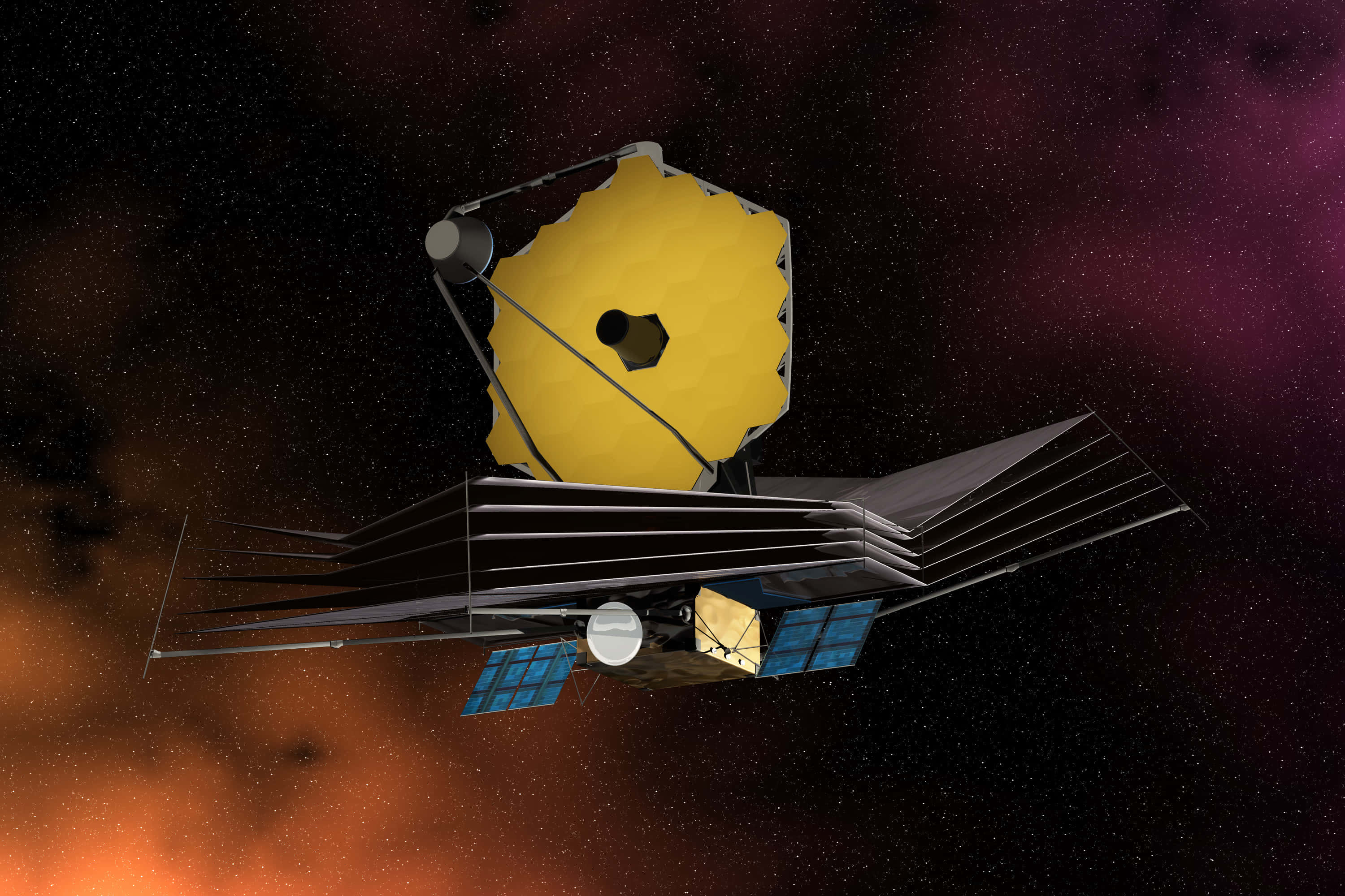 Telescope 桌布 壁紙 — 詹姆斯·韋伯太空望遠鏡在深空中漂浮，背景是橙色和紫色星雲的鮮豔宇宙景象。