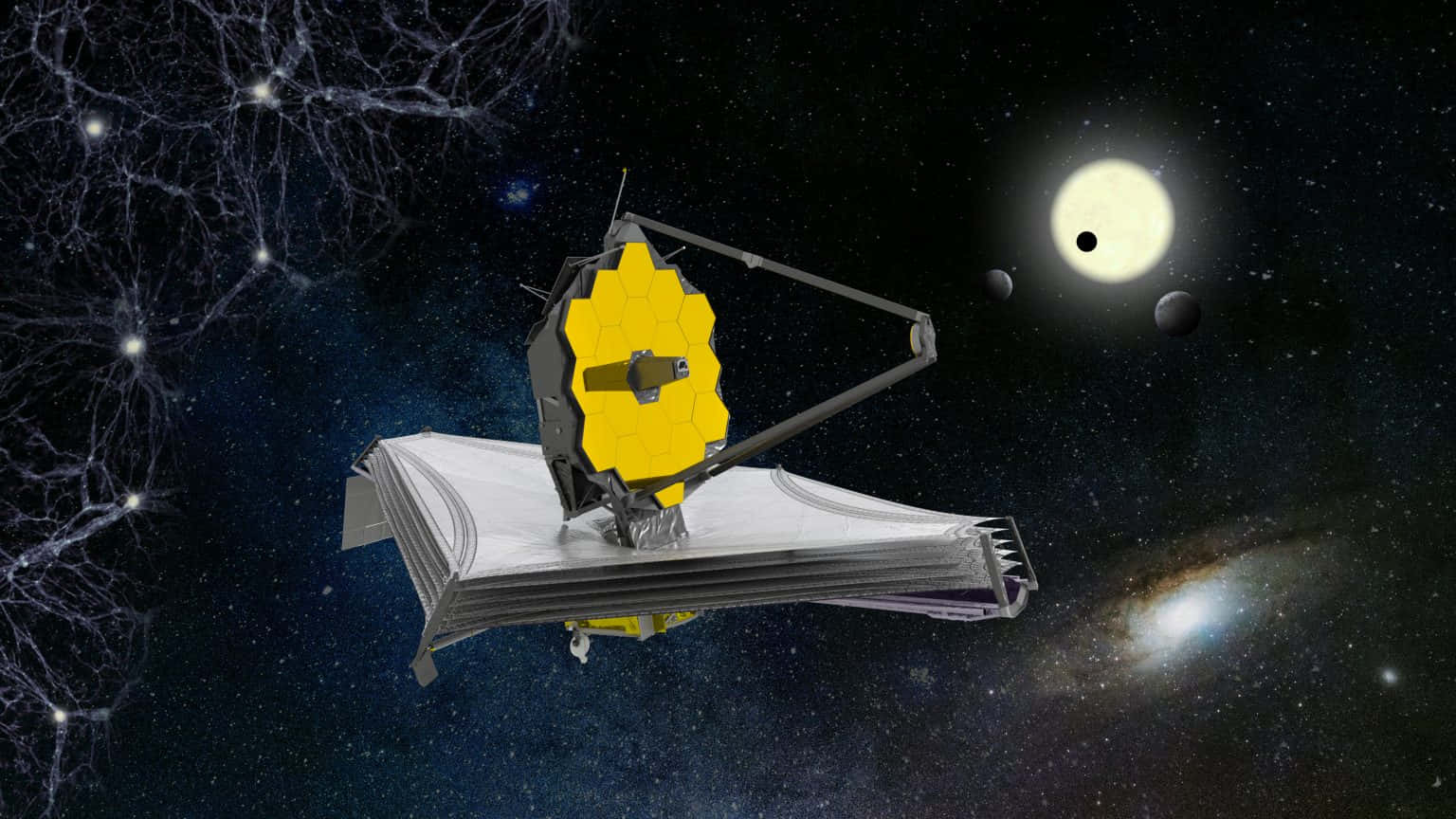 Telescope 桌布 壁紙 — 詹姆斯·韋伯太空望遠鏡在深空中漂浮，靠近一顆明亮的恆星和遙遠的星系，背景是星場。