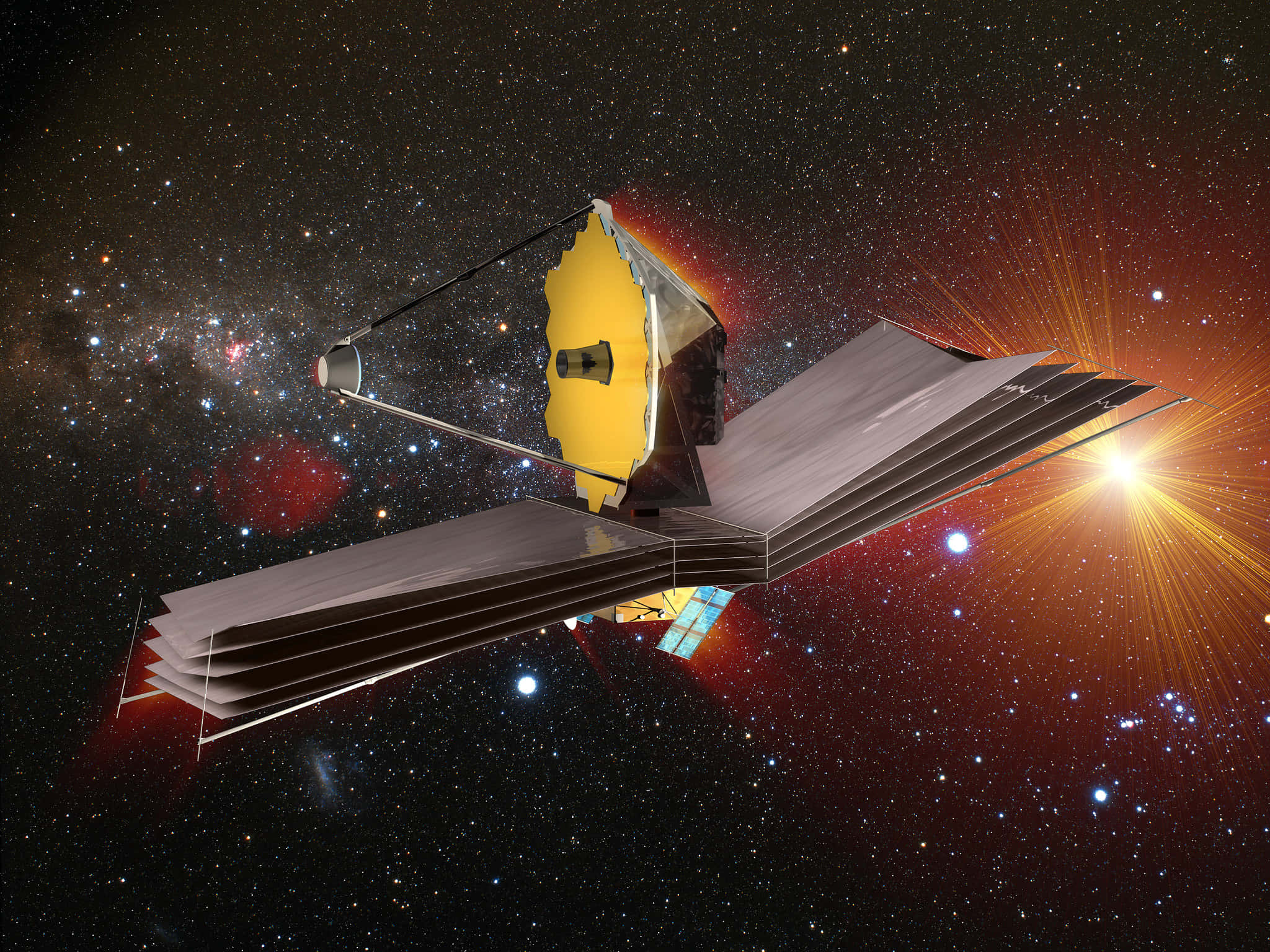 Telescope 桌布 壁紙 — 詹姆斯·韋伯太空望遠鏡在深空中漂浮的詳細3D渲染圖，背景是充滿活力的星場、發光的星雲和燦爛的太陽爆發。