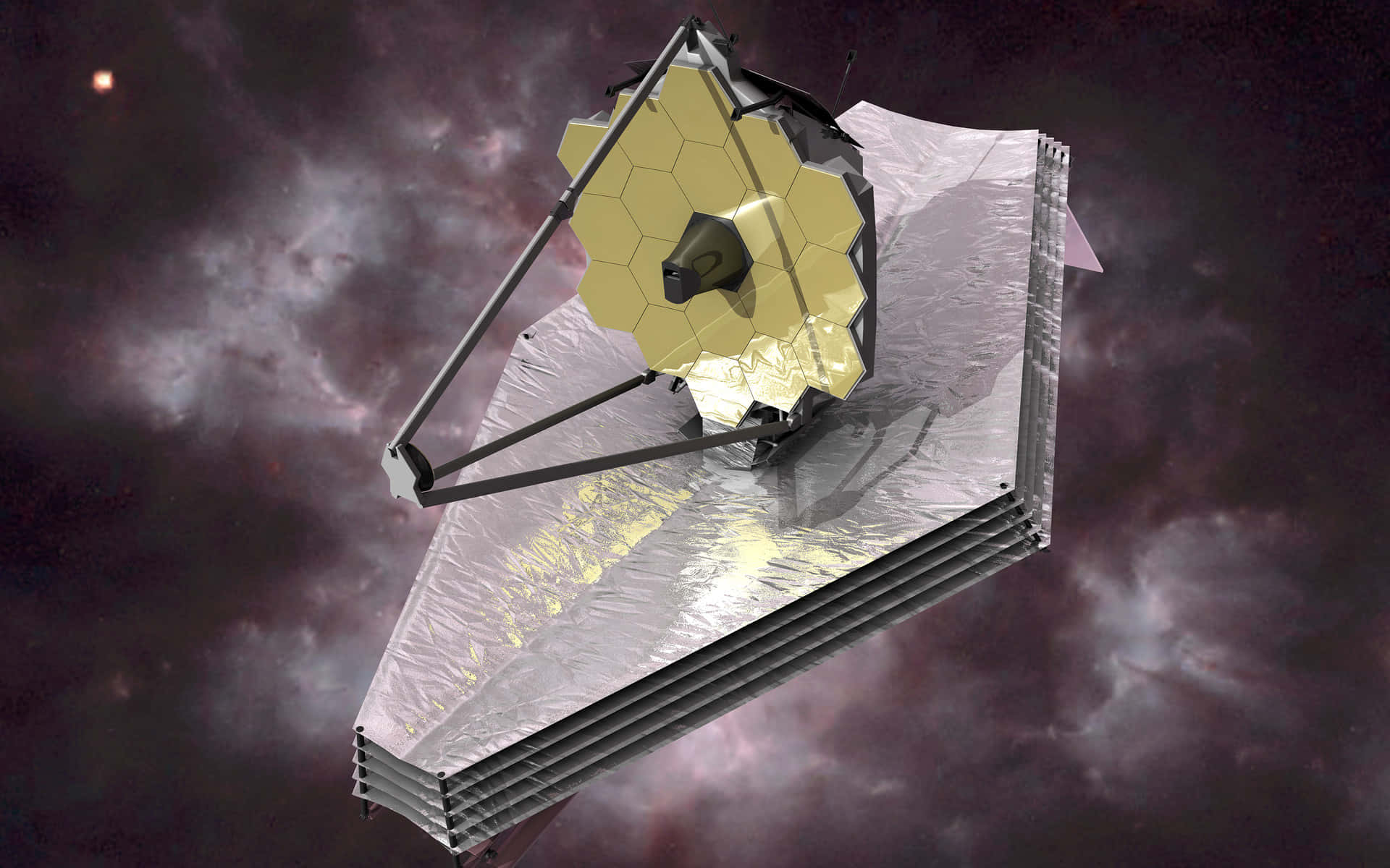 Telescope 桌布 壁紙 — 詹姆斯·韋伯太空望遠鏡在深空中漂浮，背景是宇宙雲層和遙遠的恆星。
