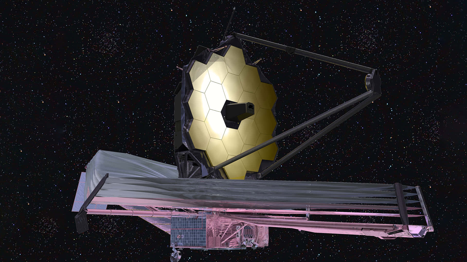 Telescope 桌布 壁紙 — 詹姆斯·韋伯太空望遠鏡在深空中漂浮，其金色六角形鏡面反射星光，背景是無數的星星。