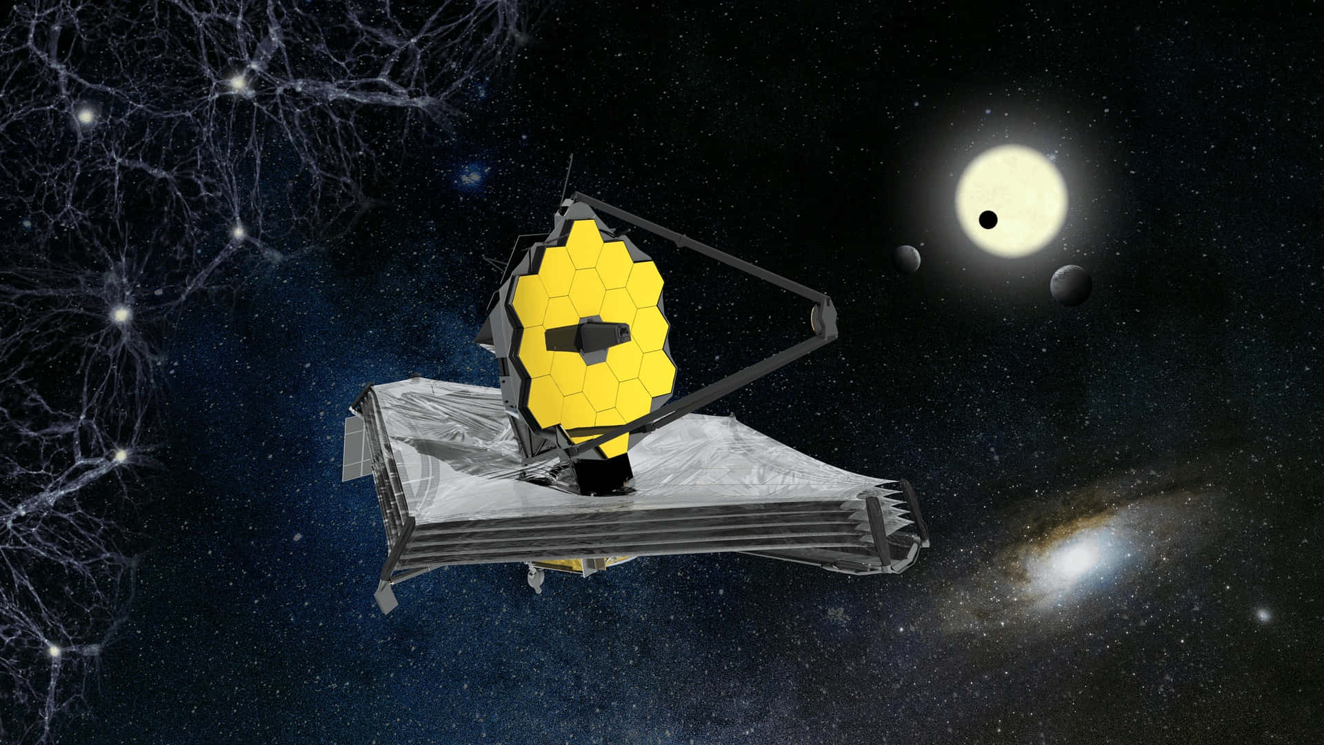Telescope 桌布 壁紙 — 詹姆斯·韋伯太空望遠鏡在深空中漂浮，背後有明亮的星場和遙遠的星系在發光。