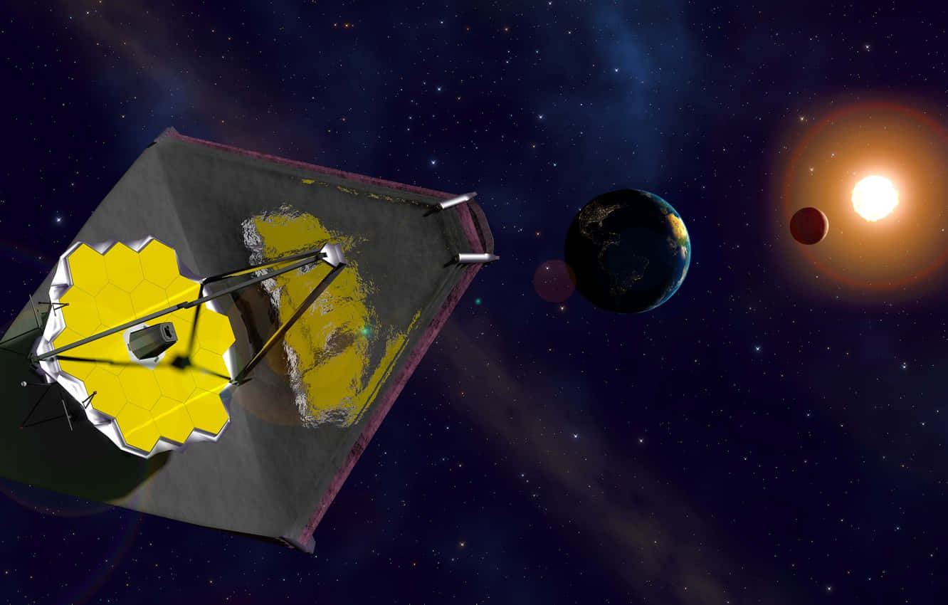 Telescope 桌布 壁紙 — 詹姆斯·韋伯太空望遠鏡在深空漂浮的詳細3D渲染圖，附近有一顆星光閃耀的行星和一顆發光的太陽。