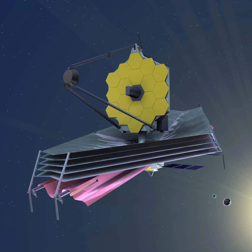 Telescope 桌布 壁紙 — 詹姆斯·韋伯太空望遠鏡在繁星點點的太空中的詳細3D渲染圖，帶有金色六邊形鏡面和粉紅色遮陽罩。