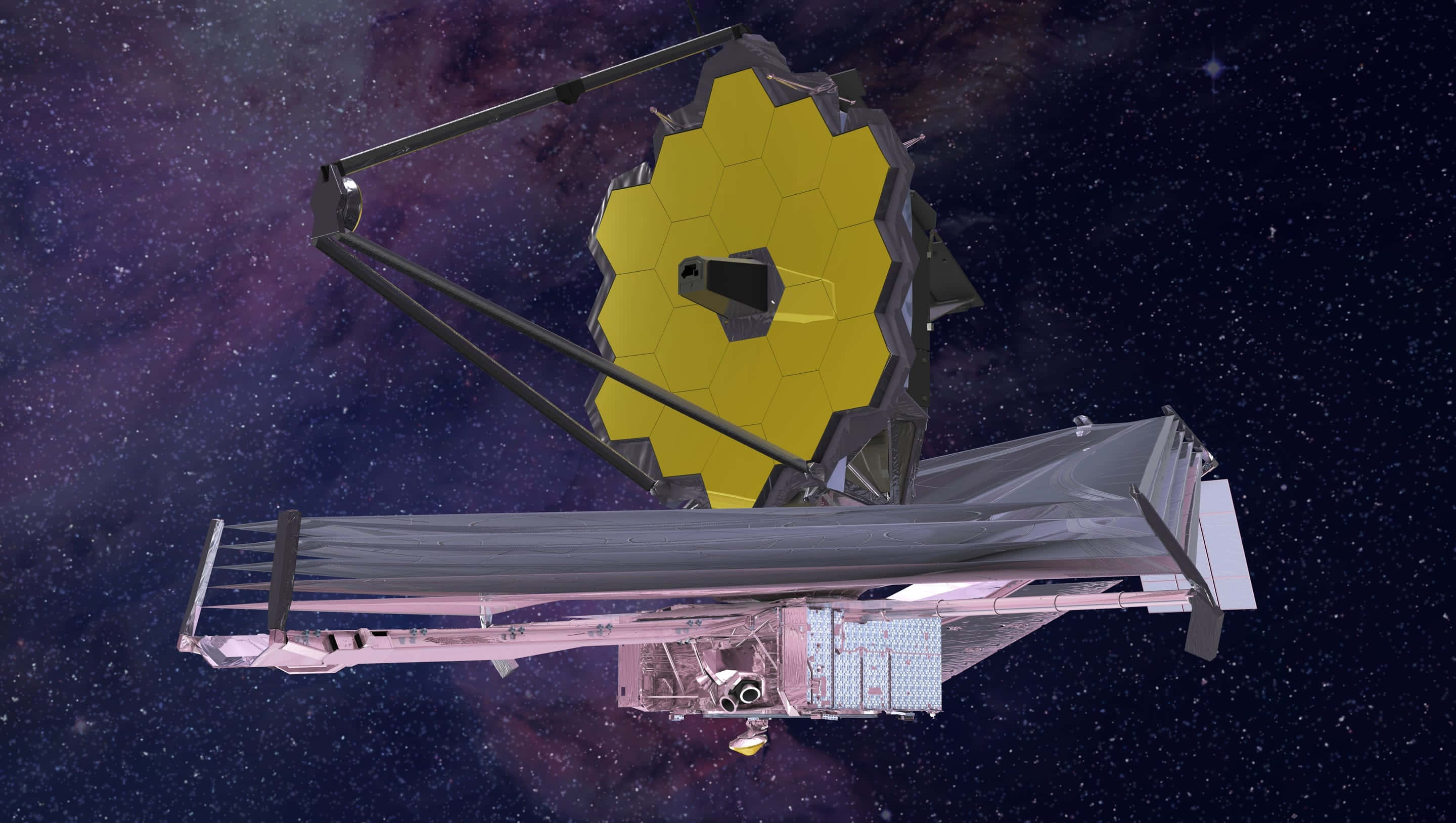 Telescope 桌布 壁紙 — 詹姆斯·韋伯太空望遠鏡在繁星點點的宇宙背景下漂浮，帶有充滿活力的紫色和藍色星雲。