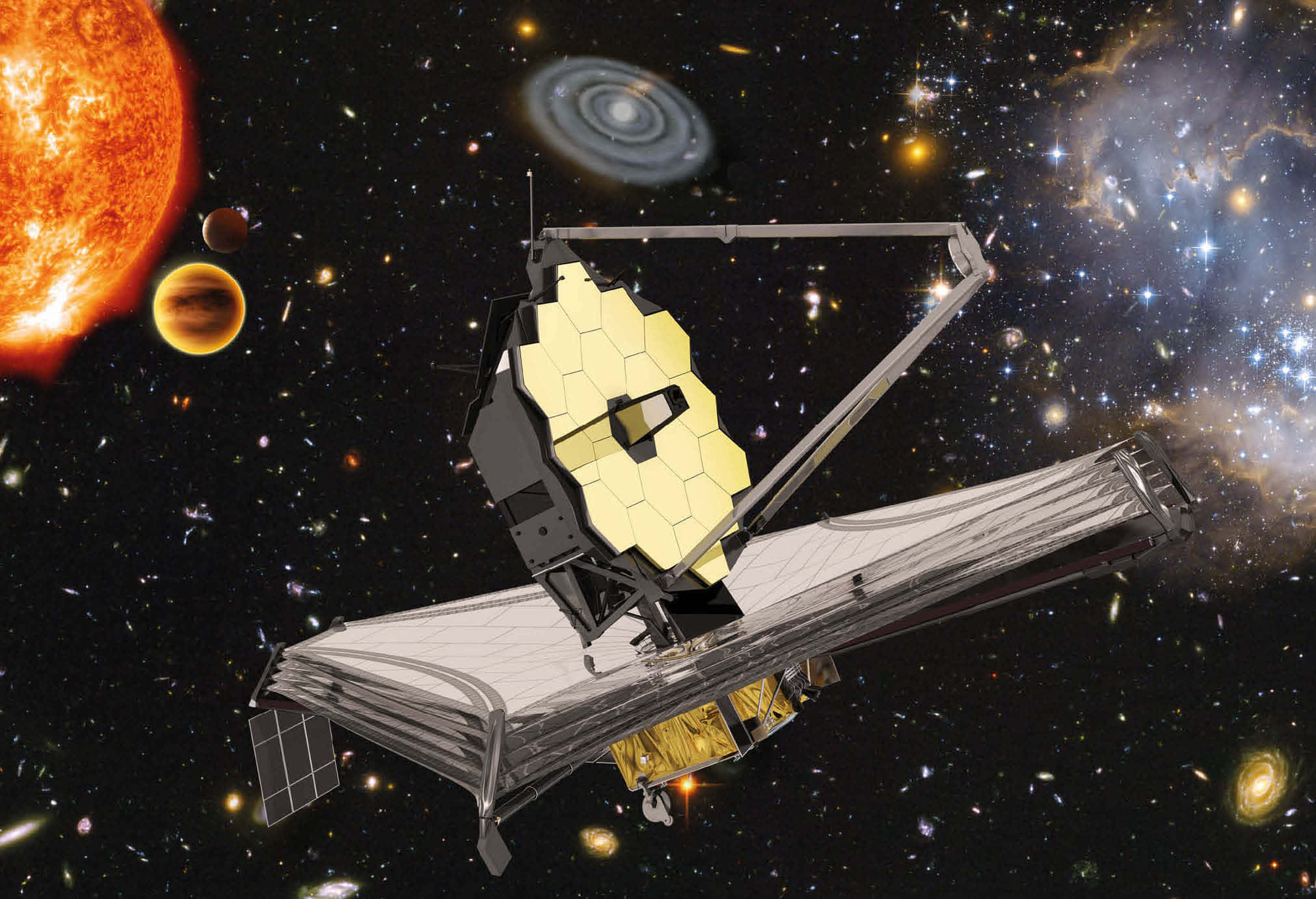 Telescope 桌布 壁紙 — 詹姆斯·韋伯太空望遠鏡漂浮在發光星系和帶有行星的熾熱太陽的宇宙背景中。