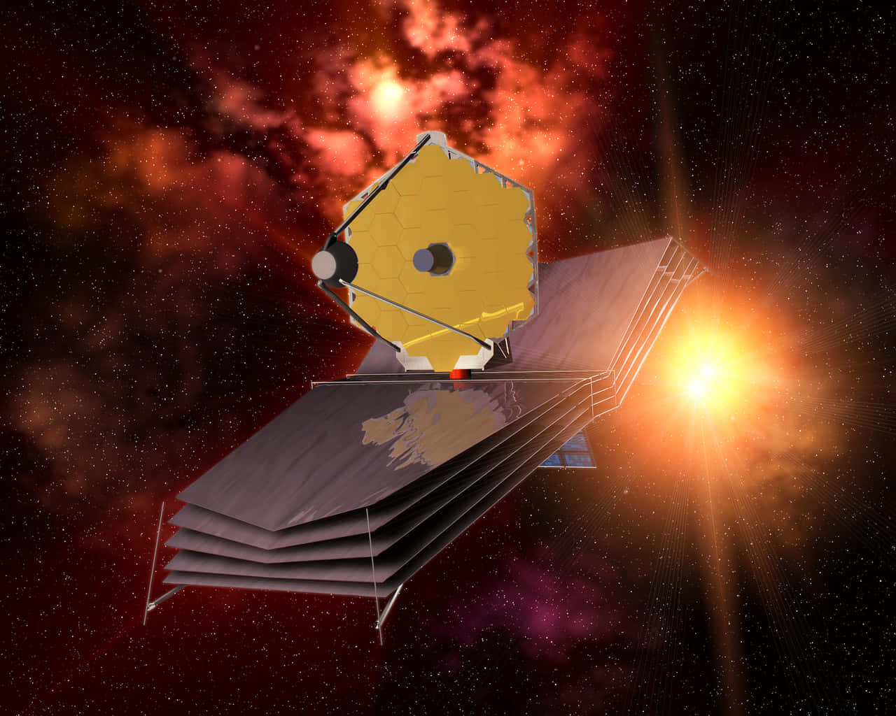 Telescope 桌布 壁紙 — 詹姆斯·韋伯太空望遠鏡漂浮在鮮豔的紅色和橙色宇宙雲中的詳細3D渲染，背後有明亮的星爆。