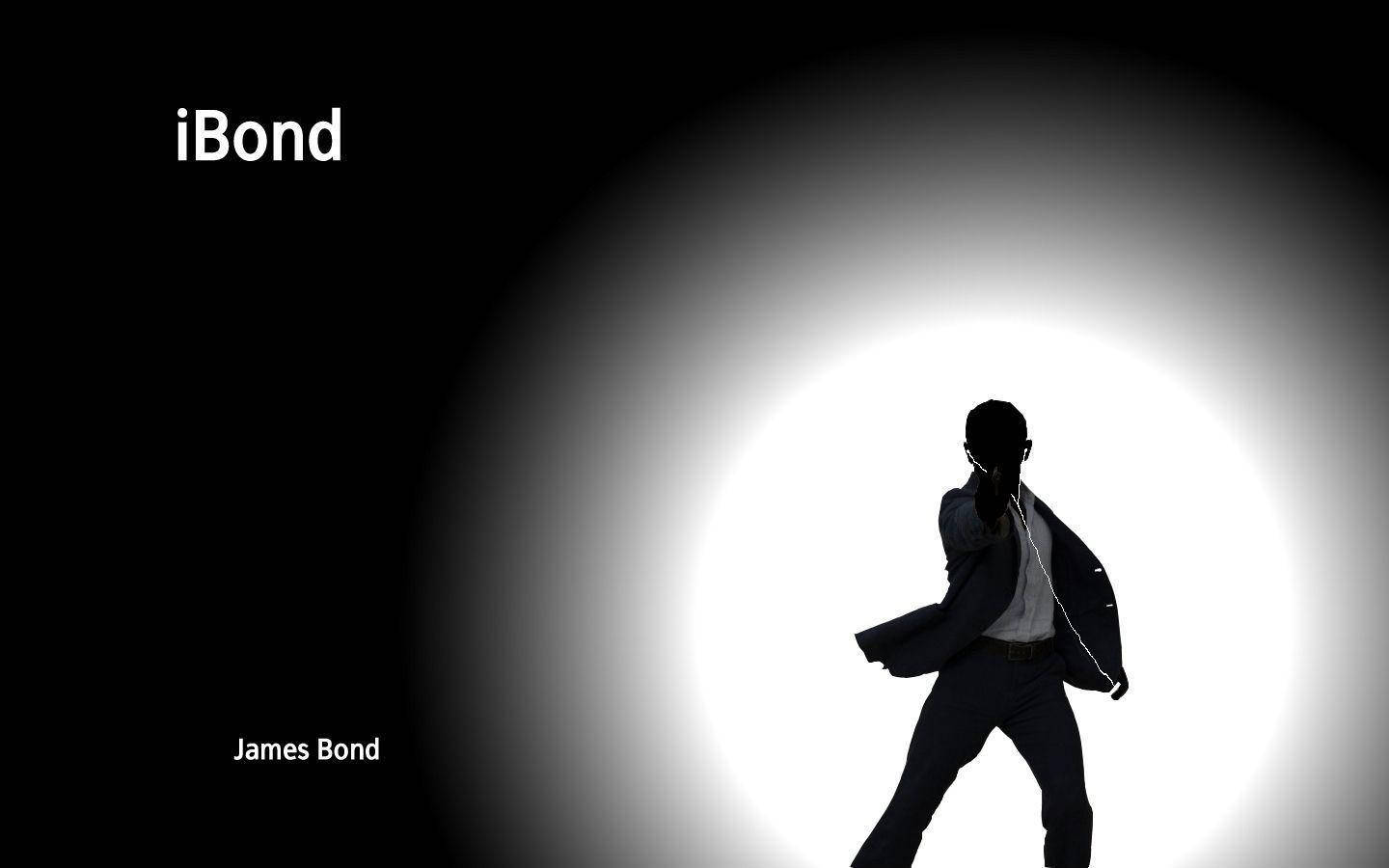 Bond 桌布 壁紙 — 詹姆斯·龐德在黑色背景上以明亮圓形聚光燈為襯的動感姿勢剪影。