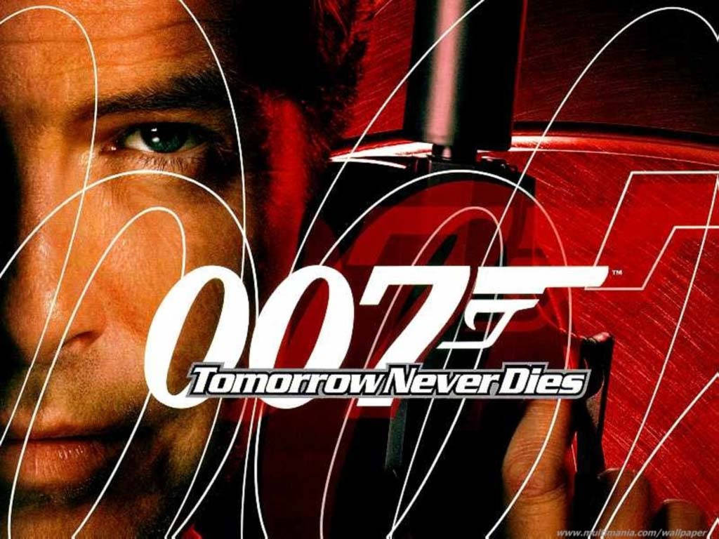 Bond 桌布 壁紙 — 詹姆斯·龐德銳利眼神的特寫，上面覆蓋著白色漩渦線條和007明日帝國標誌，背景為紅色。
