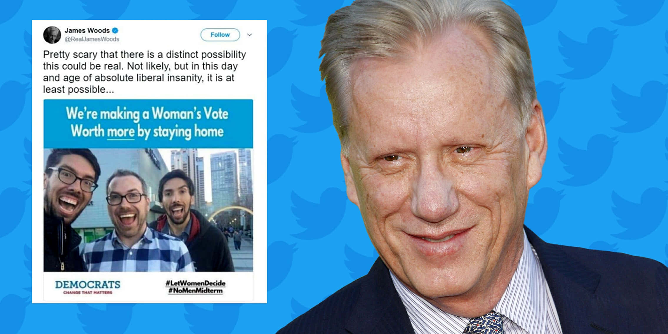 James Woods 桌布 壁紙 — 詹姆斯伍茲在一個鼓勵留在家中投票的Twitter貼文旁邊微笑，背景是城市和三個大笑的男人。