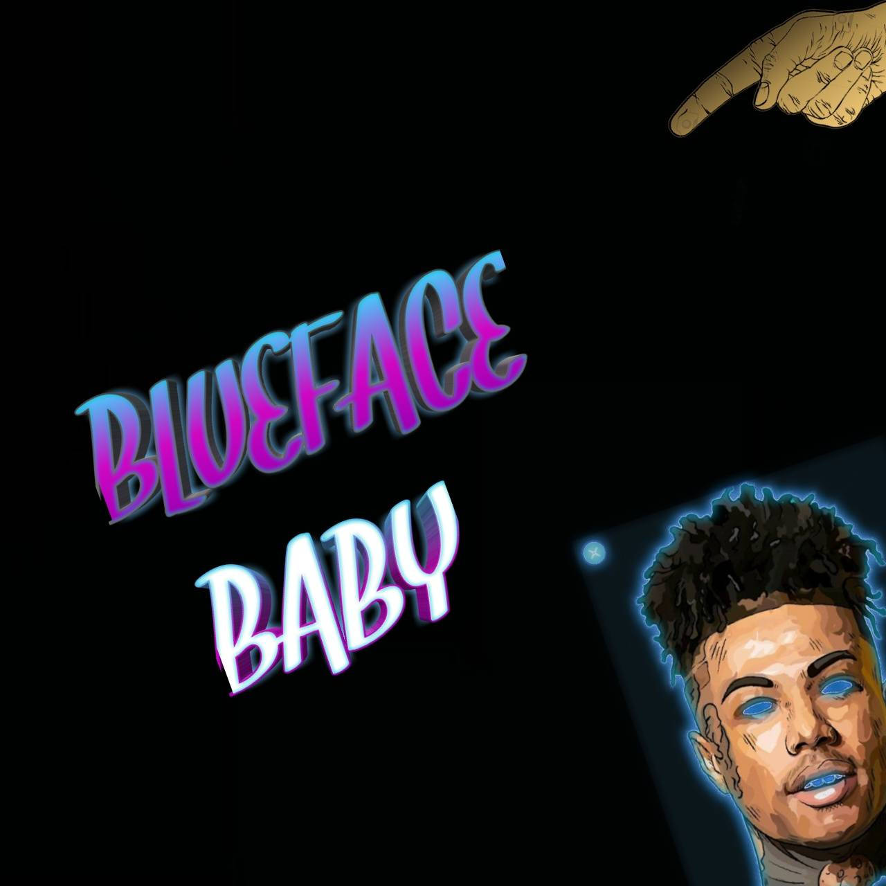 標誌 桌布 壁紙 — 說唱歌手 Blueface 的風格化數位插圖，帶有發光的藍色眼睛和霓虹文字，黑色背景上有一隻手指著的手。