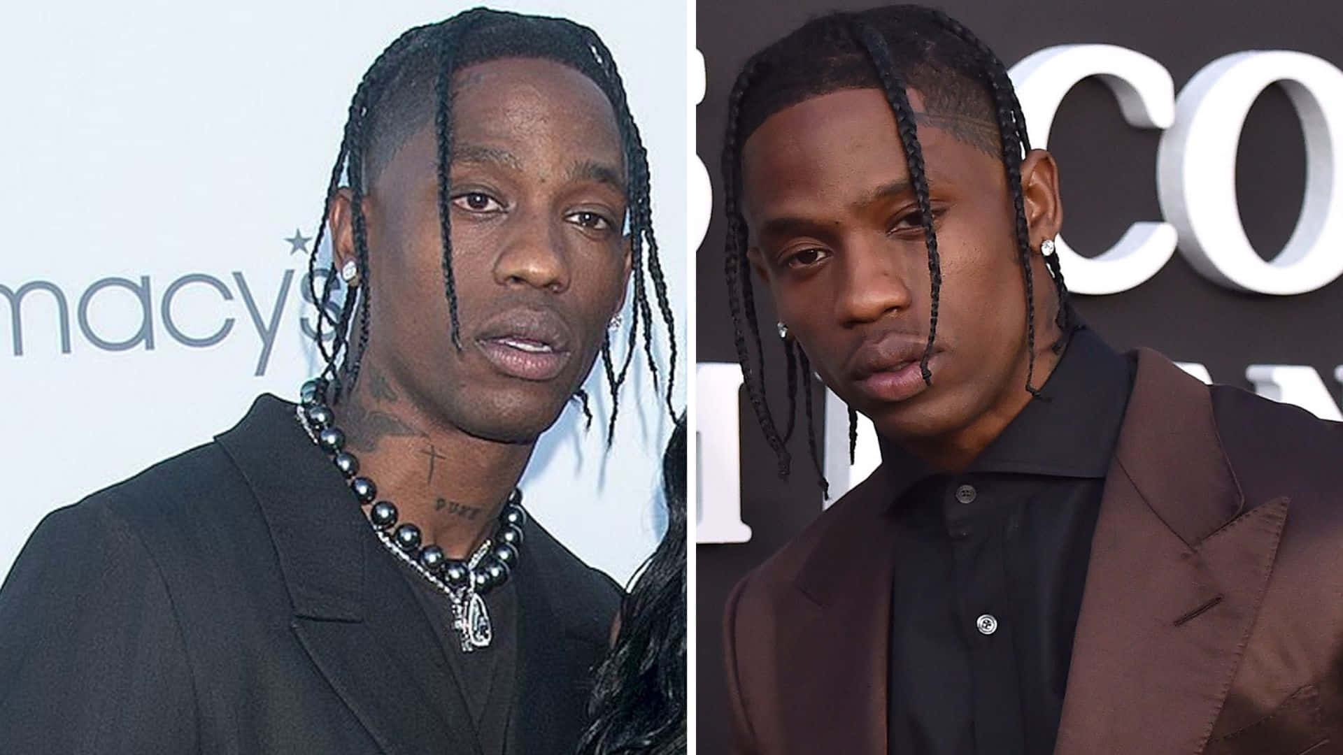 崔維斯·史考特 桌布 壁紙 — 說唱歌手 Travis Scott 的拆分肖像，穿著黑色西裝和珍珠項鍊，在品牌背景前擺出兩種正式姿勢。