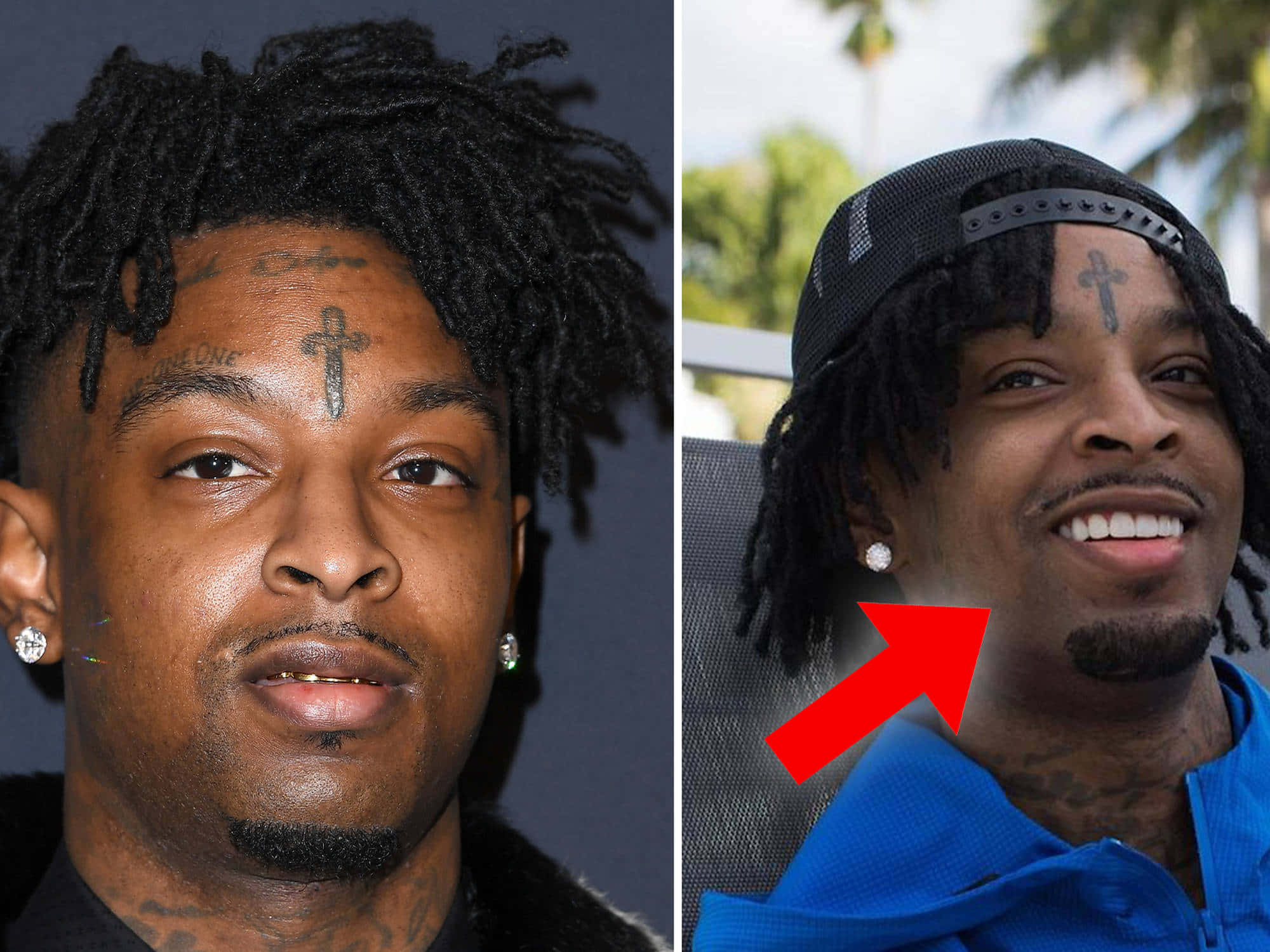 21 Savage 桌布 壁紙 — 說唱歌手21 savage的肖像，額頭上有十字刺青和辮子，在兩種對比環境中。