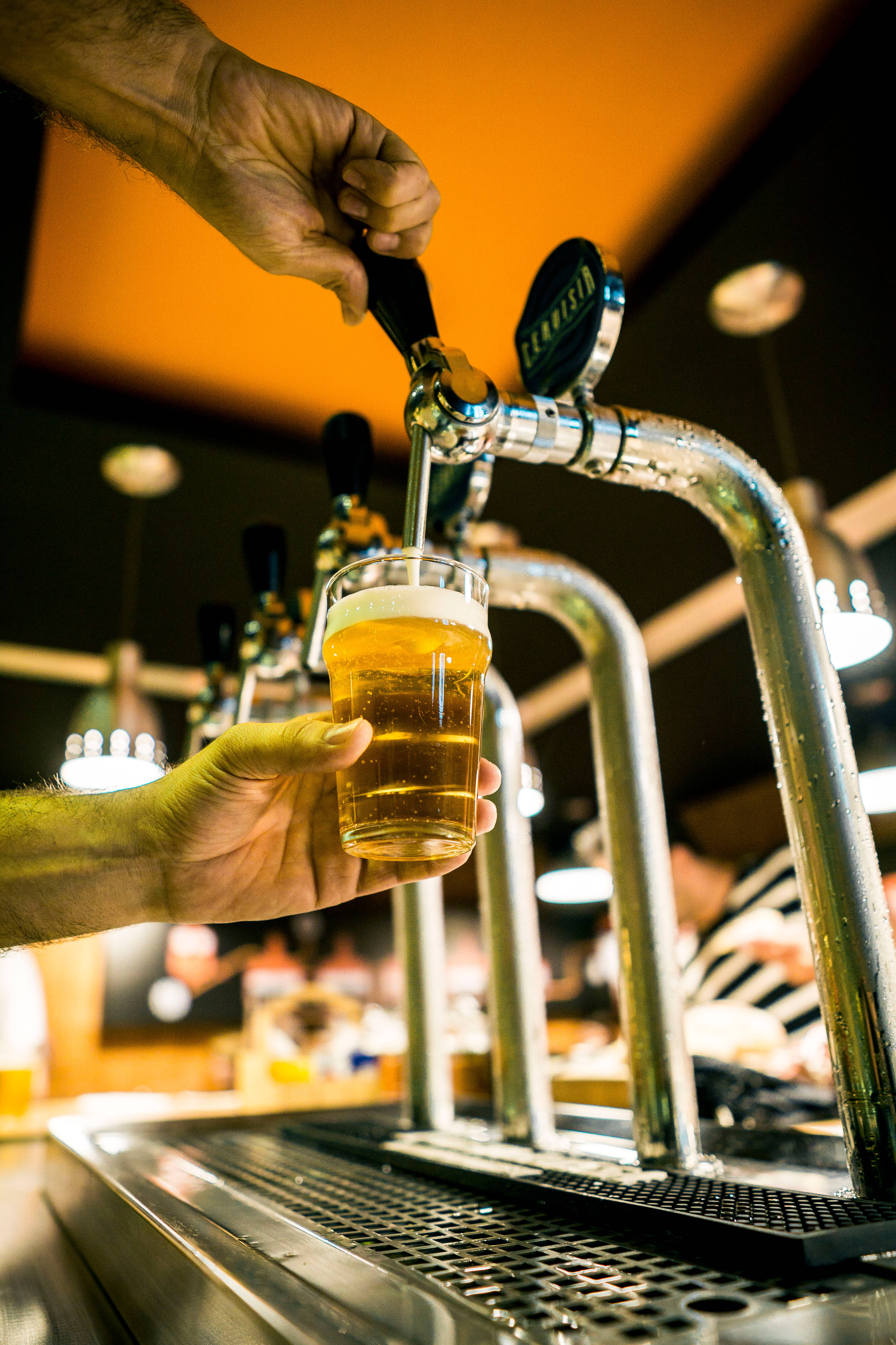 Beer 桌布 壁紙 — 調酒師在溫暖燈光的酒吧中，將帶有白色泡沫的金色啤酒倒入玻璃杯，周圍有金屬龍頭和發光的燈光。