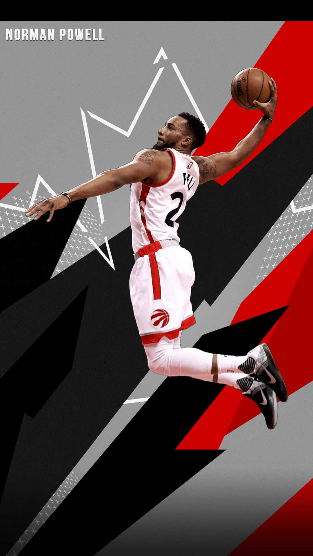 NBA 桌布 壁紙 — 諾曼·鮑威爾在空中動態跳躍，手持籃球，背景是大膽的紅、黑、灰幾何圖案。