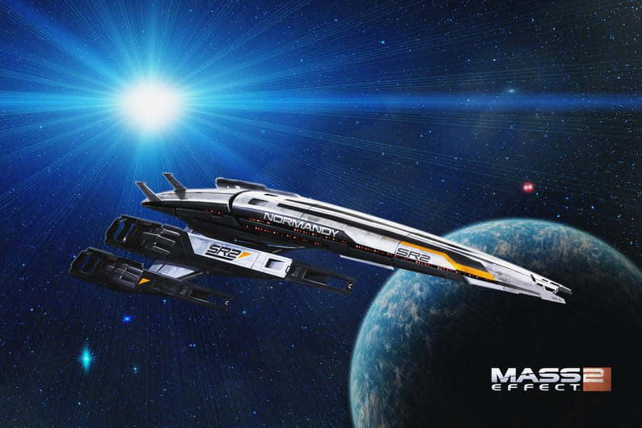Normandy Sr-2 桌布 壁紙 — 諾曼第SR2太空船在繁星點點的太空滑行，靠近一顆藍色行星，背後有耀眼的光芒。