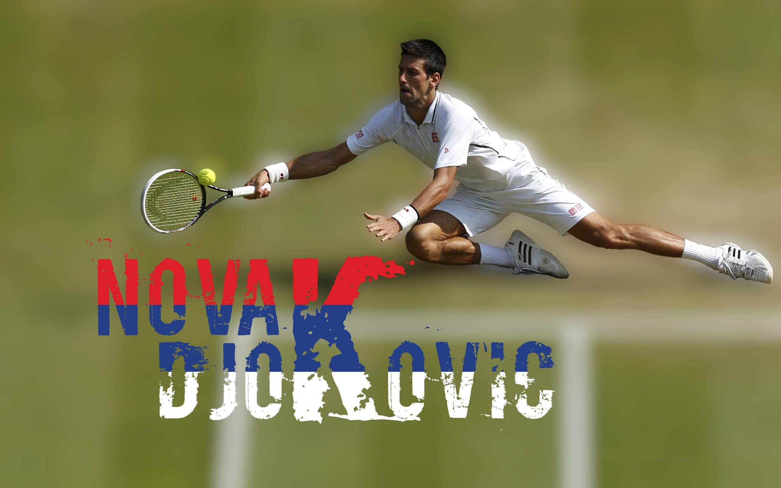 Wimbledon 桌布 壁紙 — 諾瓦克·喬科維奇在陽光明媚的草地網球場上動態飛撲回球，並帶有粗體愛國文字覆蓋層。