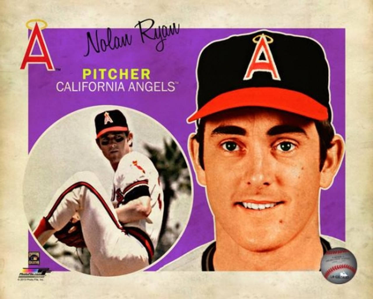 Nolan Ryan 桌布 壁紙 — 諾蘭·萊恩為加州天使隊投球的復古棒球卡，帶有醒目的紫色背景和圓形動作鏡頭。
