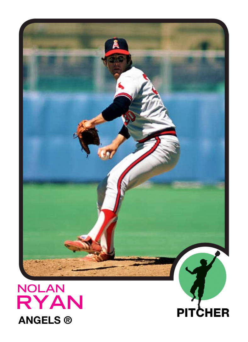 Nolan Ryan 桌布 壁紙 — 諾蘭·萊恩身穿天使隊球衣，在陽光照耀的投手丘上投球，身後是綠色球場和藍色圍牆。