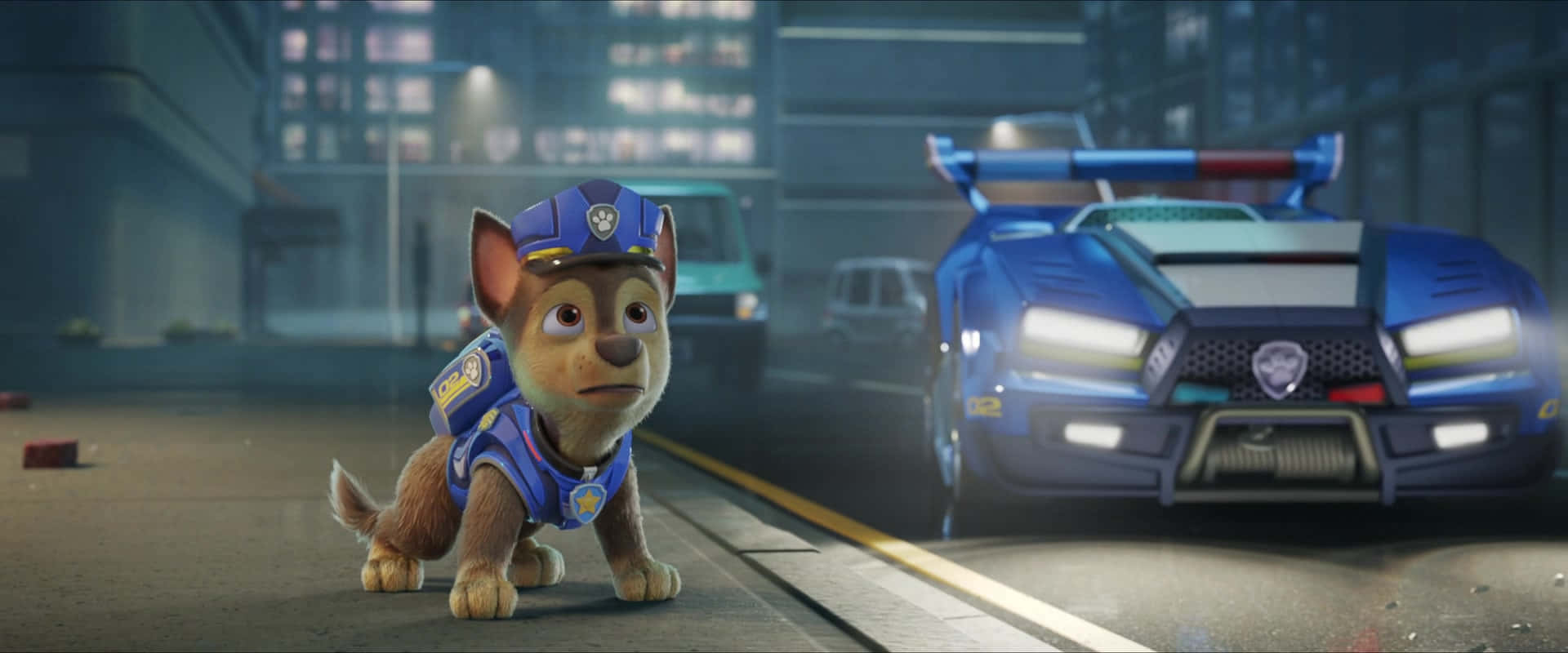 動畫警犬Chase在夜間城市街道上與巡邏車一起。 — 汪汪隊立大功 GIF 壁紙