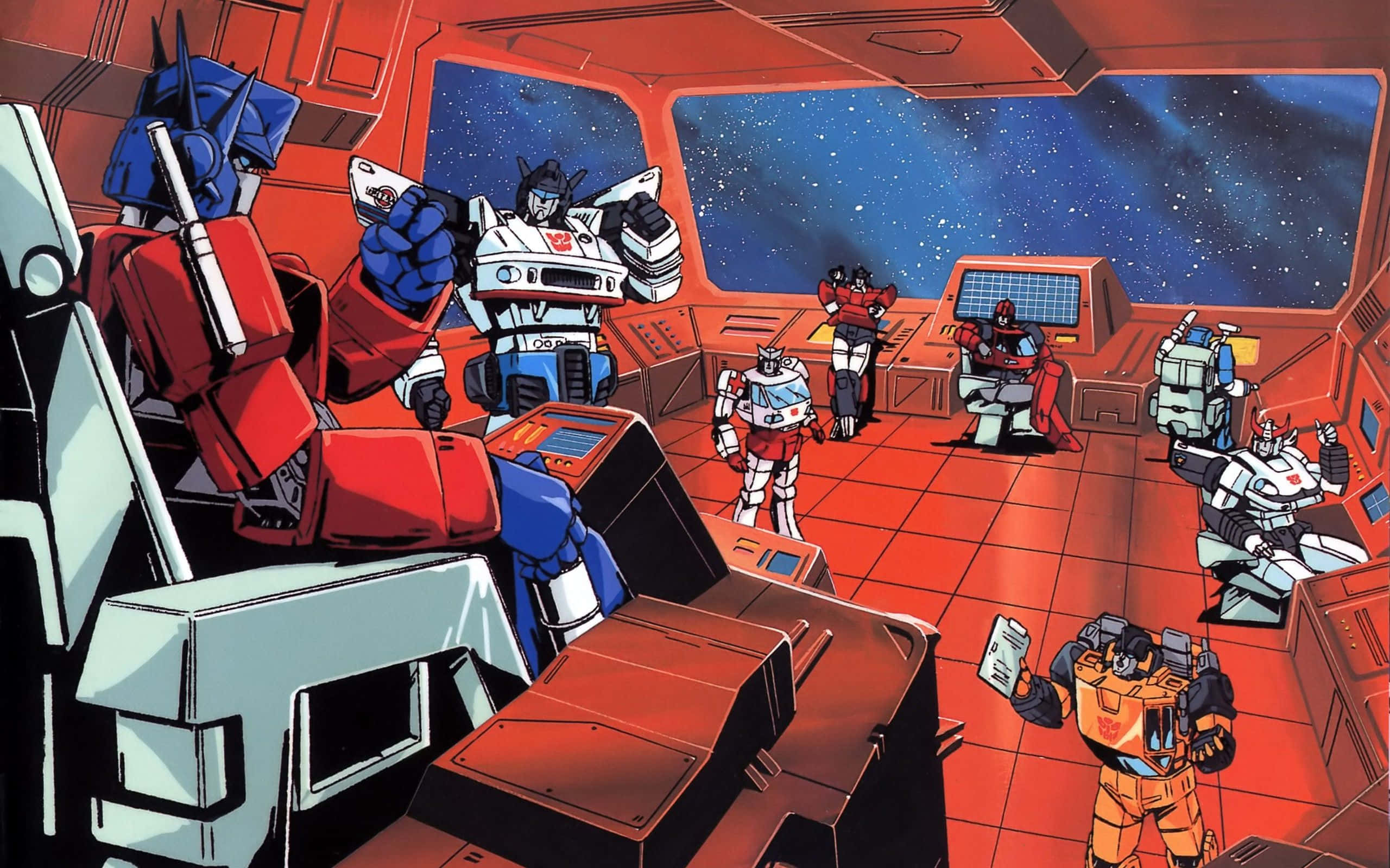 Cartoon Robot 桌布 壁紙 — 變形金剛博派在紅色太空船駕駛艙內警戒，窗外是星際景觀。