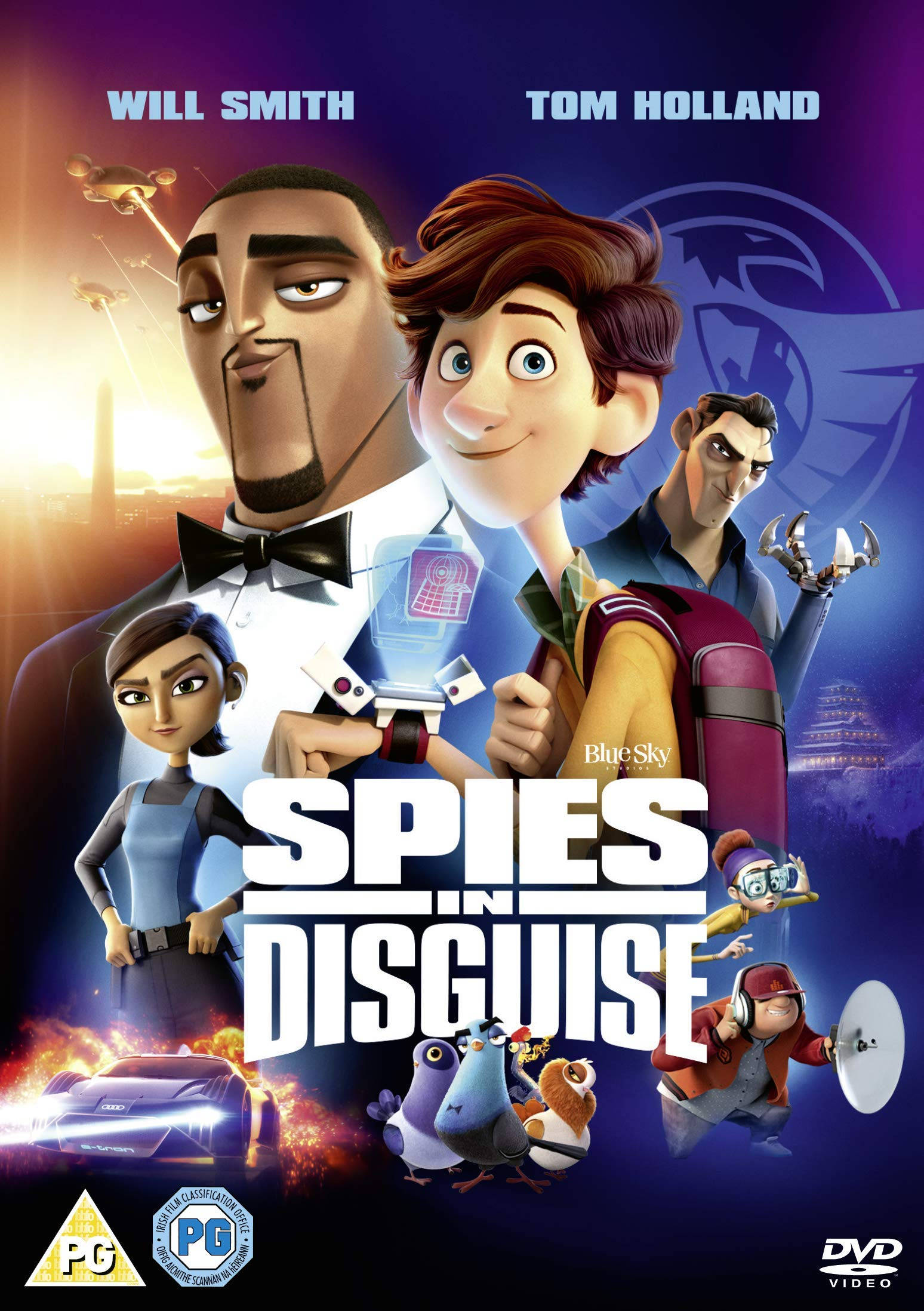 動畫 桌布 壁紙 — 《變身特務》動畫電影海報， featuring Will Smith 和 Tom Holland 飾演的特務，配備小工具和鳥類，呈現充滿活力的動作場景。