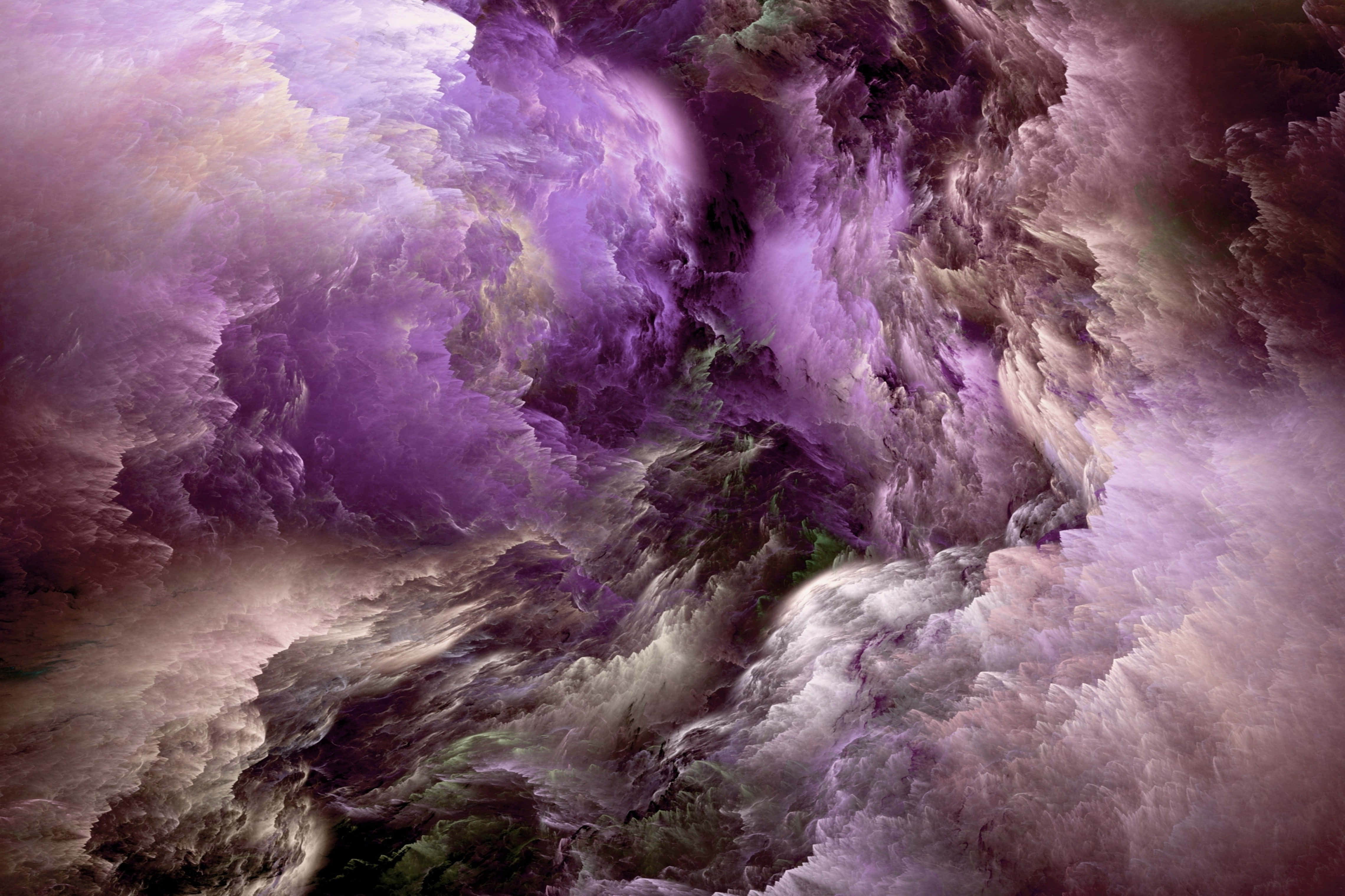 Clouds Aesthetics 桌布 壁紙 — 豐厚的雲朵在深紫色和柔和薰衣草色中旋轉，營造出夢幻般的宇宙星雲場景。